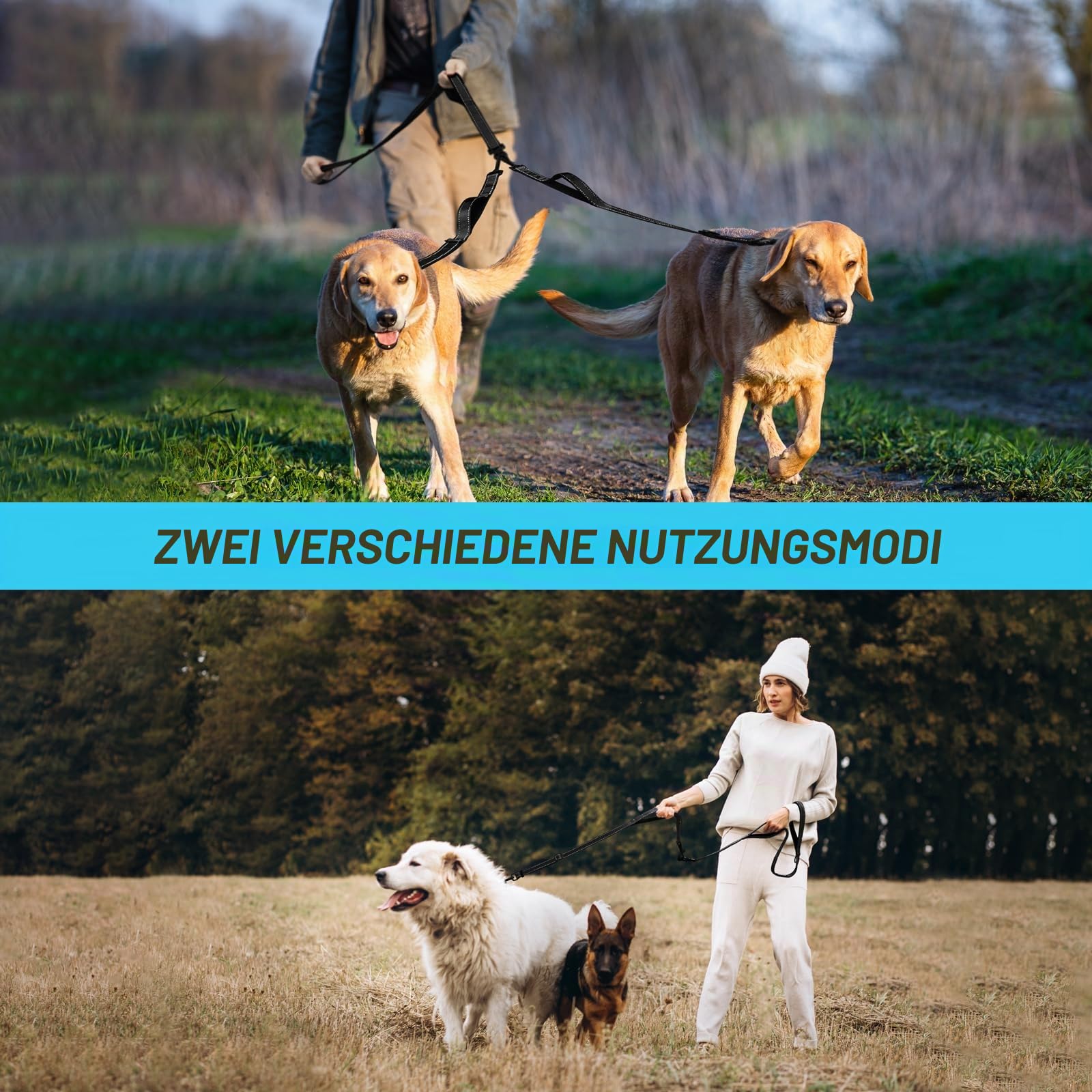 PetBonus Hundeleine Doppelleine für 2 Hunde, Keine Verwicklung Leine für 2 Hunde Groß, Verstellbar Reflektierend Doppelte Leinen mit 4 Gemütlich Gepolsterte Griffe (Schwarz)