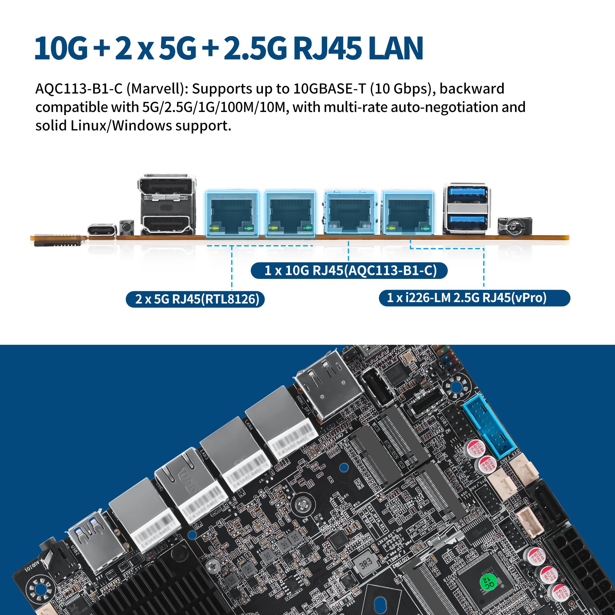 Mini ITX NAS Motherboard Ultra 155H, 12 Bay SATA3.0 NAS Mainboard, 4-Ports 10GbE + 2 x 5GbE + 2.5GbE, 2 x NVMe, DDR5 Barebone, PCIe 4.0 x8 Slot, TF, HD+DP+Type-C(No Cable)