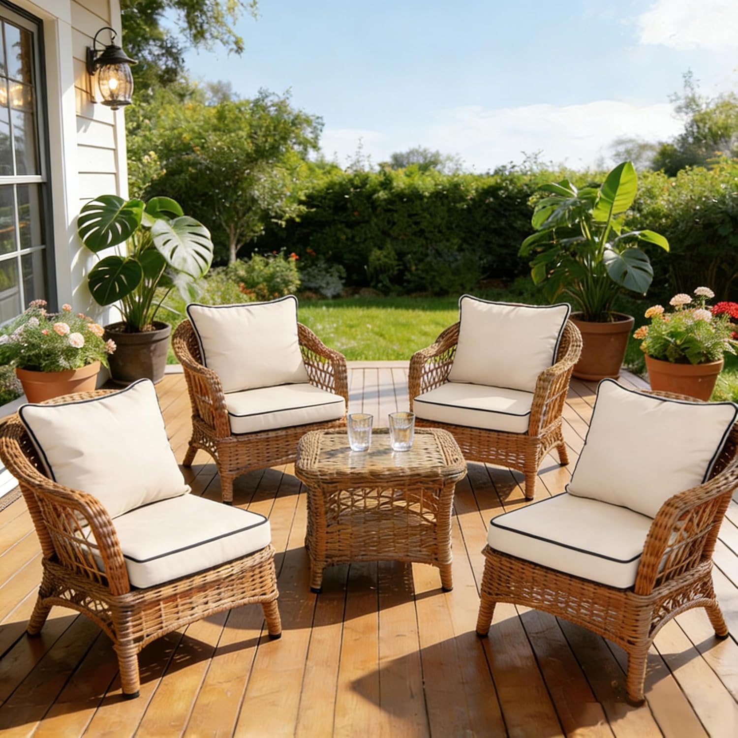 Outdoor Deep Seat Cushions 24 x 28 x 4 Inch Set of 4 Patio Furniture Replacement Cushions Waterproof,Outdoor Chair Cushion for Wicker Chair Sunbrella Couch Sofa,Cream + Black