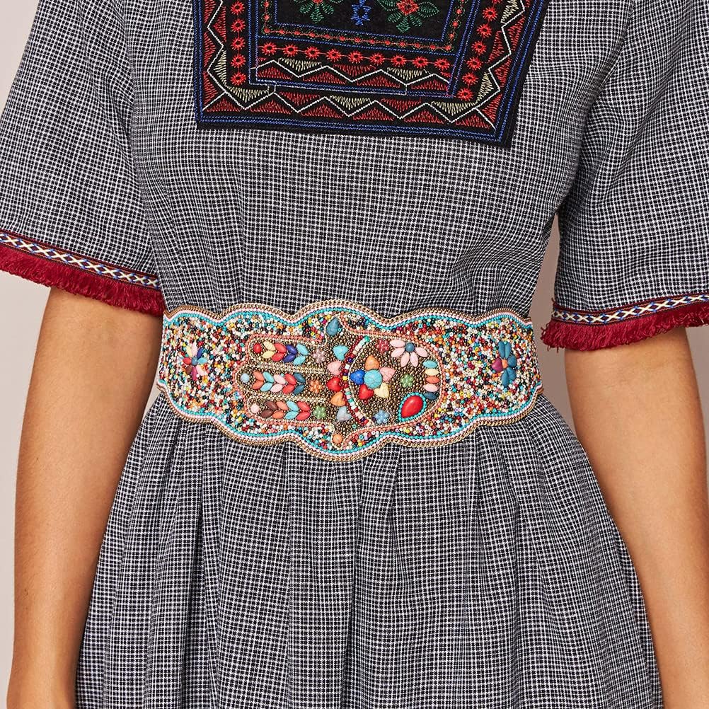 Bohemian Women Elastic Waist Belt Ethnic Beaded Flower Wide Waist Chain Strech Cinch Belt for Dresses - Image 2