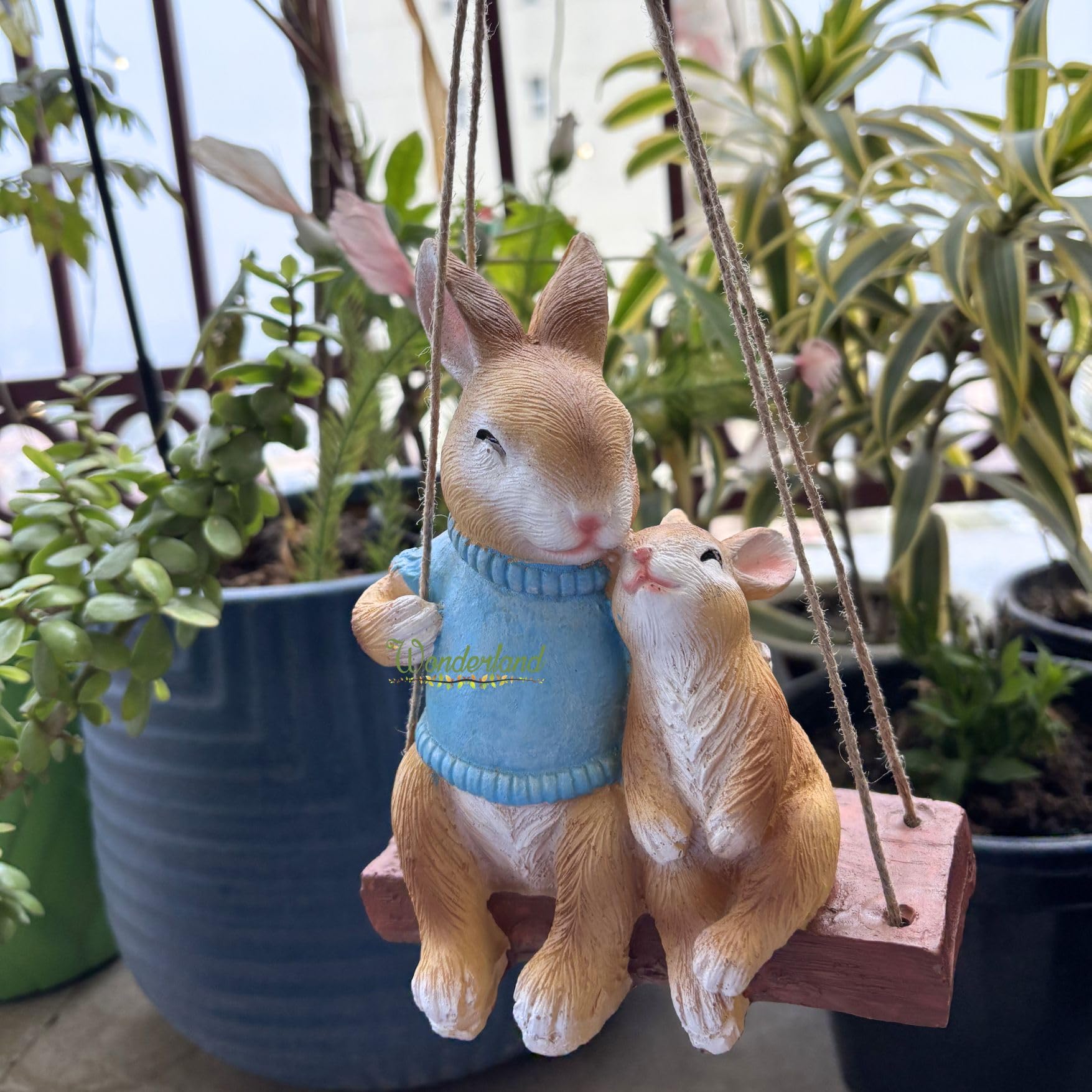 Wonderland Whimsical Hanging Garden Bunny Statue – Hand-Painted Rabbit Mother and Baby on Swing for Patio, Balcony, and Indoor Home Decor-image-44