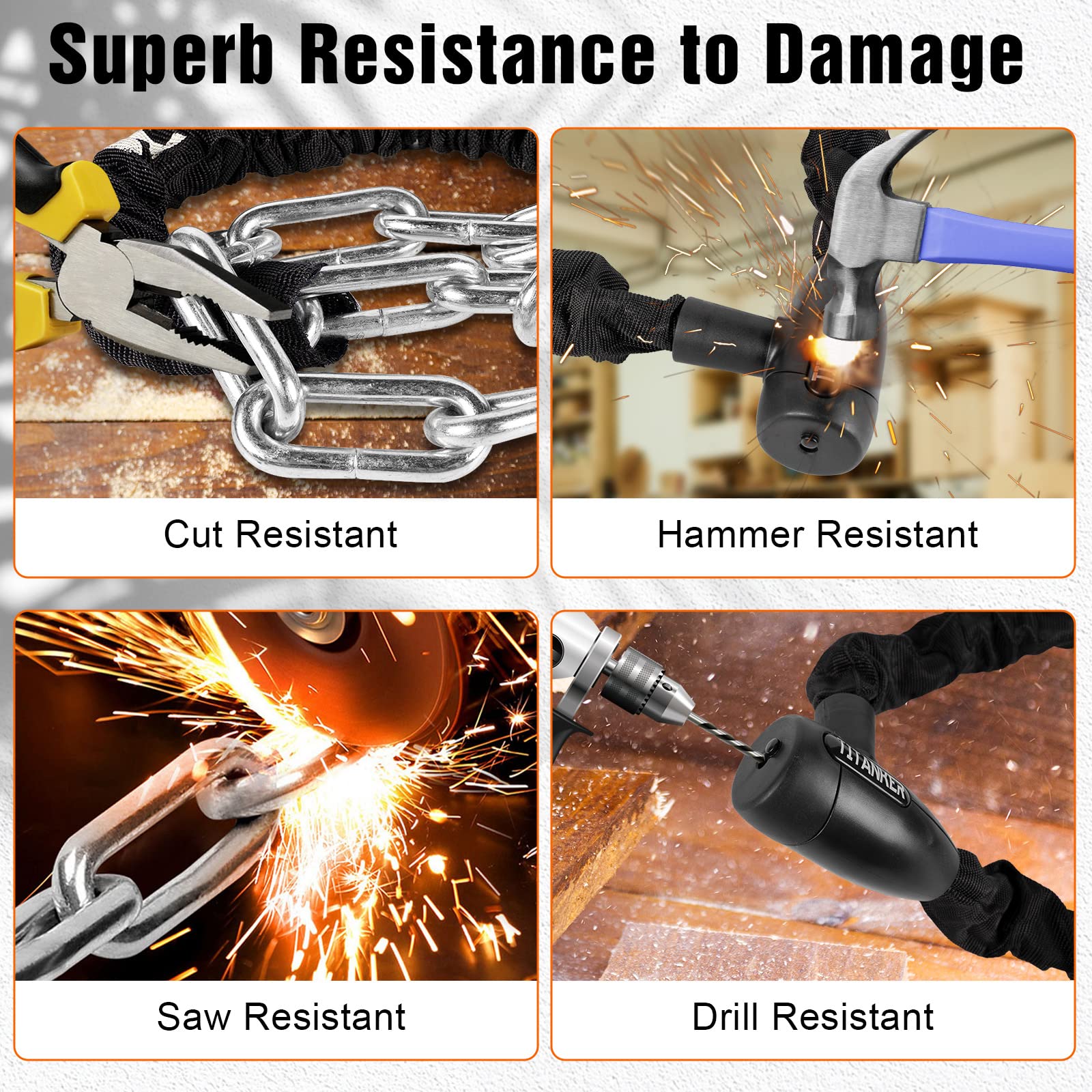 Titanker Bike Chain Lock, Security Anti-Theft Bike Lock Chain Bicycle Chain Lock Bike Locks for Bike, Motorcycle, Bicycle, Door, Gate, Fence, Grill (6mm, 8mm, 10mm Thick Chain) (Black-10mm Chain)