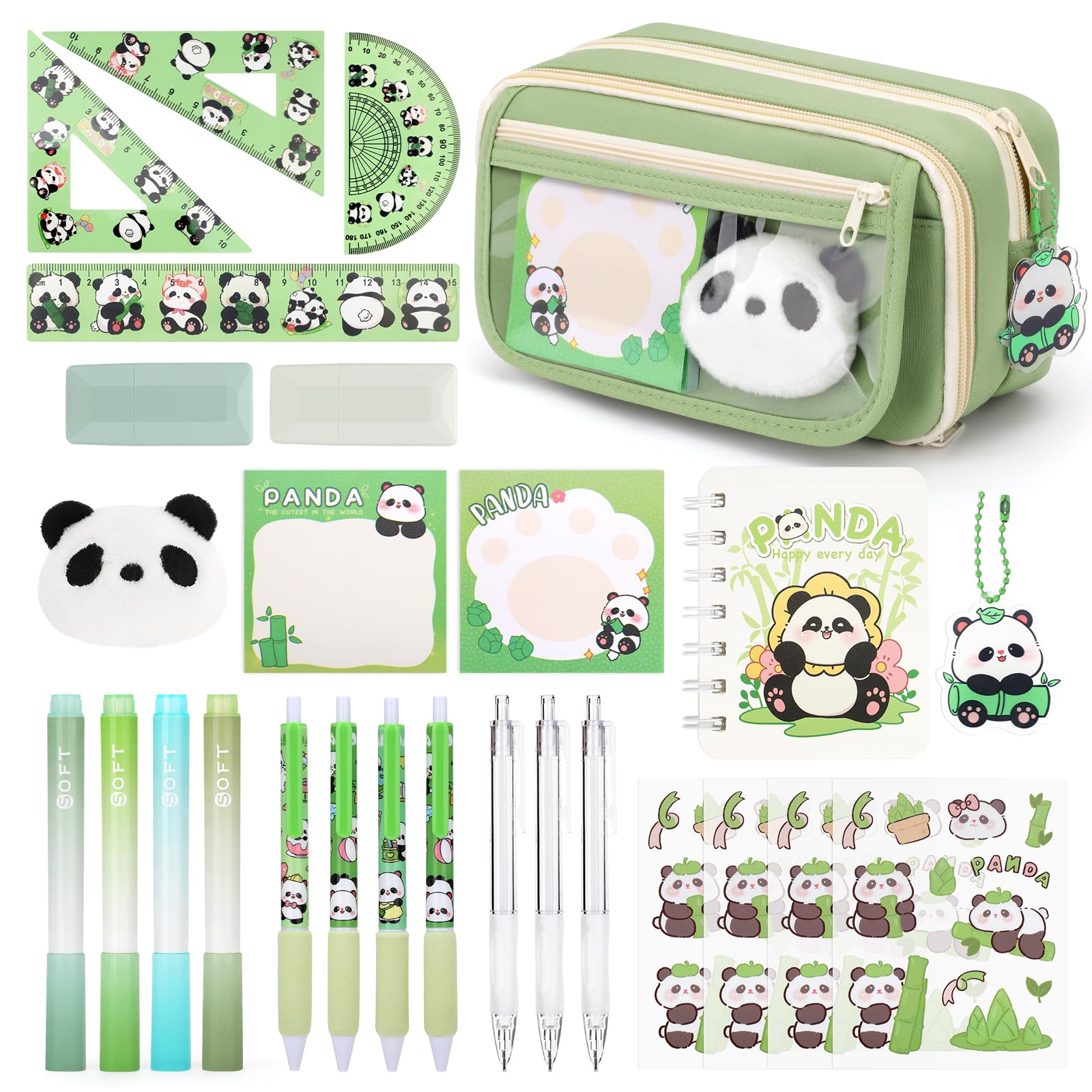 KOSTACHI Panda Stationery Set, Panda Pencil Case with Stationary, Large Capacity Pencil Case for Girls Boys with Gel Pens, Highlighters, Mechanical Pencils, Rulers, Sticky Notes & Stickers, Green