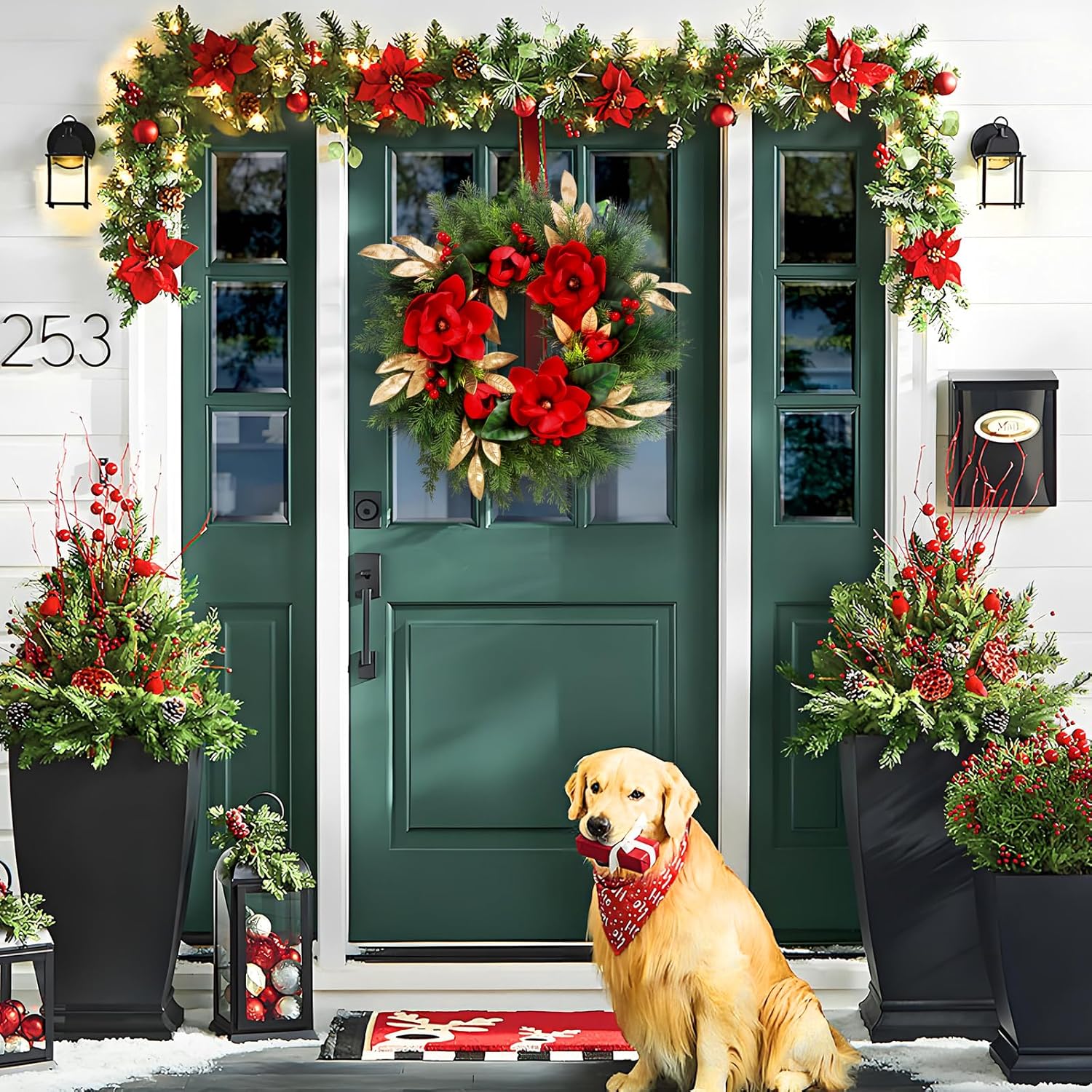 クリスマスリース、24インチのクリスマスリース、玄関ドア用、人工マグノリアリース、クリスマスドアデコレーション、新年。