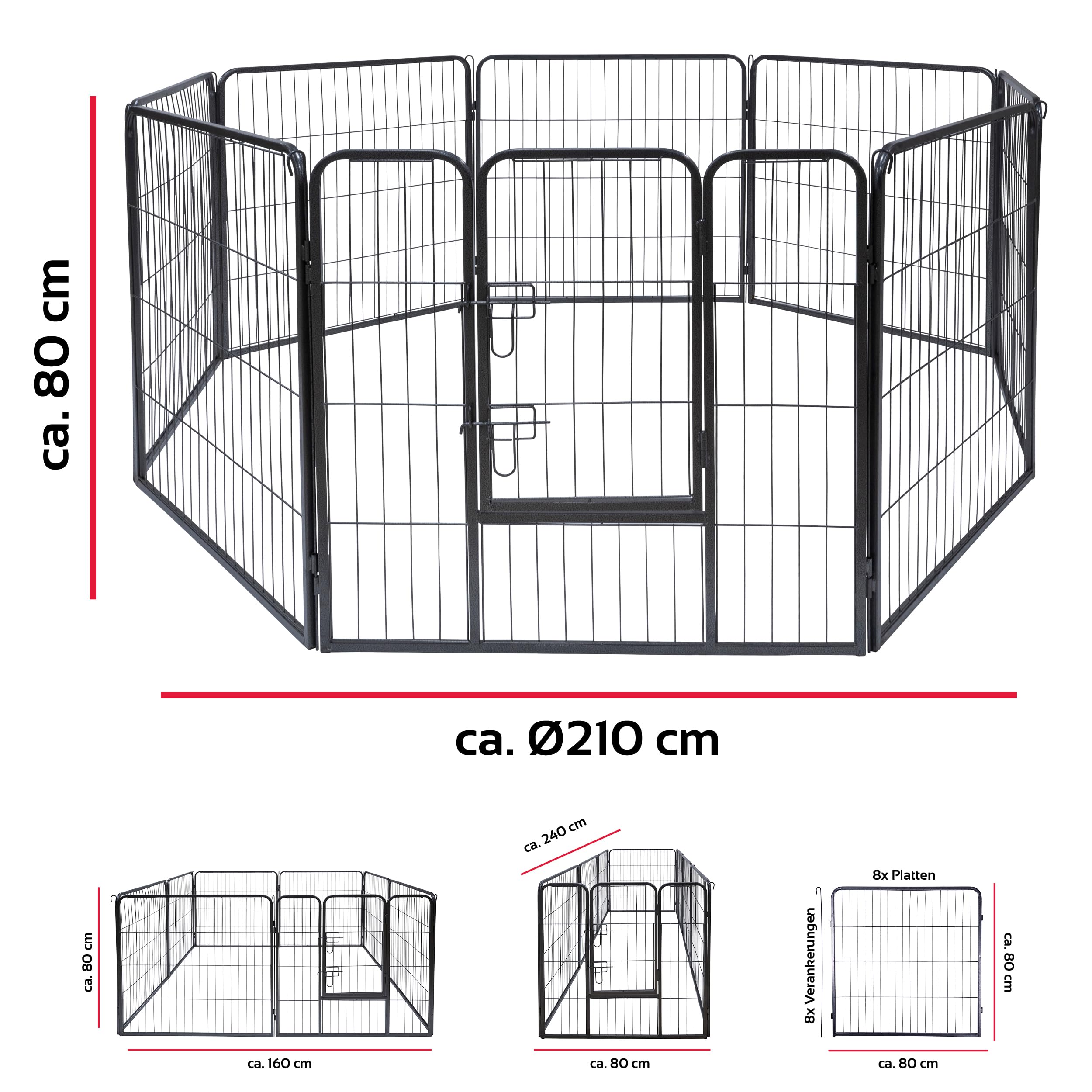 maxxpro Laufstall Hund und Katze - 210 x 80 cm - Faltbarer Welpenauslauf - Katzengehege - Aufstellbar in Verschiedenen Formen - für Drinnen und Draußen - Häsenkafig - Metall - Schwarz
