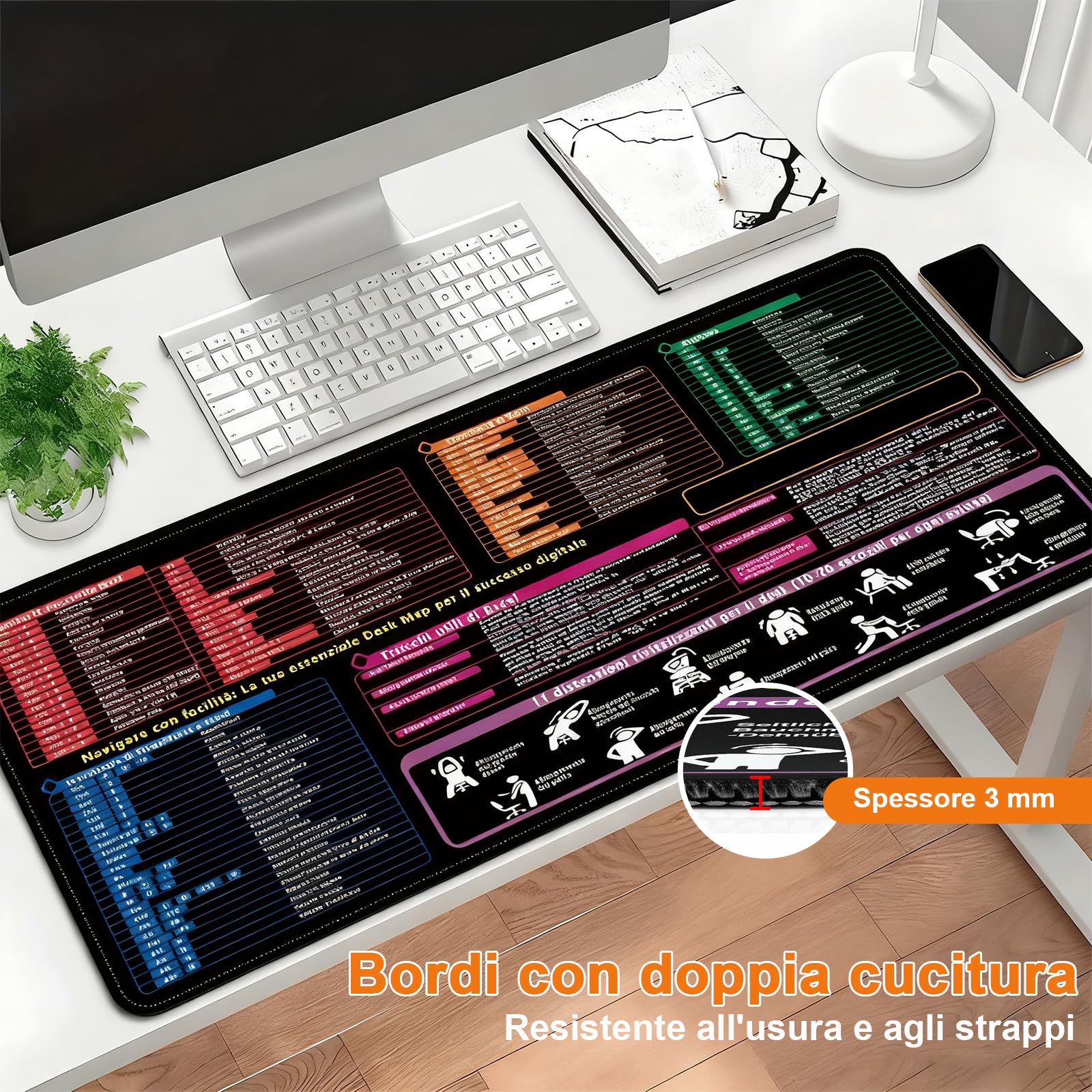 Tappetino Mouse XXL con Scorciatoie Excel in Italiano - Scrivania Ufficio con Comandi Word PPT Windows + 11 Consigli Relax - 40x90cm