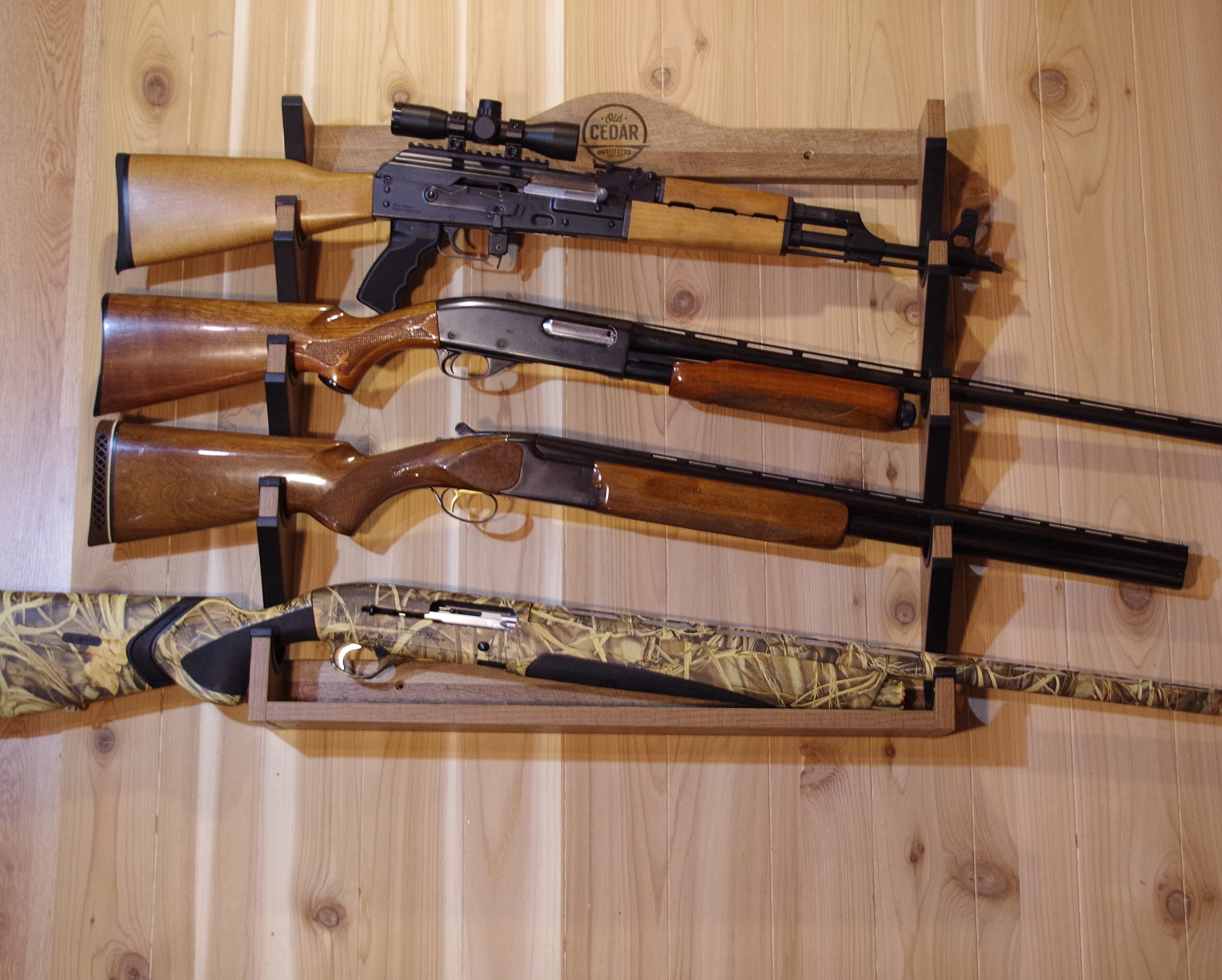 Old Cedar Outfitters Wall-Mounted Gun Rack for Long Guns, Rifles and Shotguns with Protective Sleeves - Four Capacity