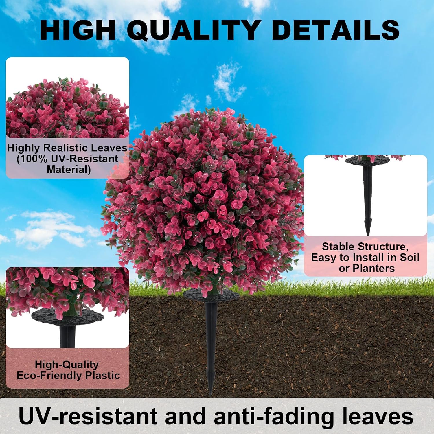 Artificial Boxwood Topiary Balls – Set of 2 UV-Resistant 23" Rose-Colored Faux Shrubs with Ground Spikes, Faux Evergreen Decorative Plants for Outdoor Indoor Porch Patio Garden