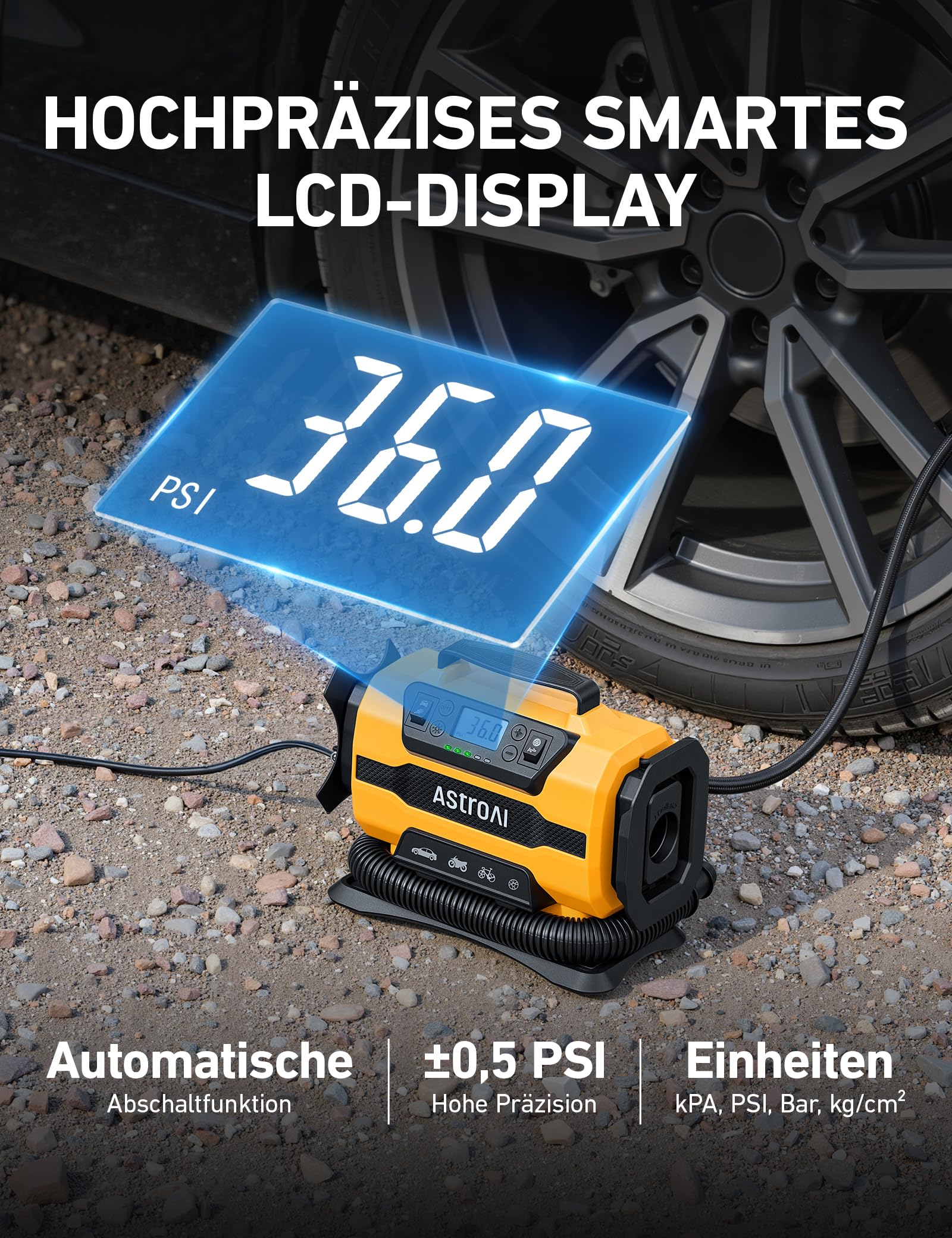 AstroAI Kompressor Auto 12V DC/230V AC Duale Stromquellen, 10,3 bar | Luftmatratzenaufpumpen Max. 350 L/min, Reifenaufpumpen Max. 22 L/min, für Fahrrad,Auto,Schlauchboote,Luftmatratze