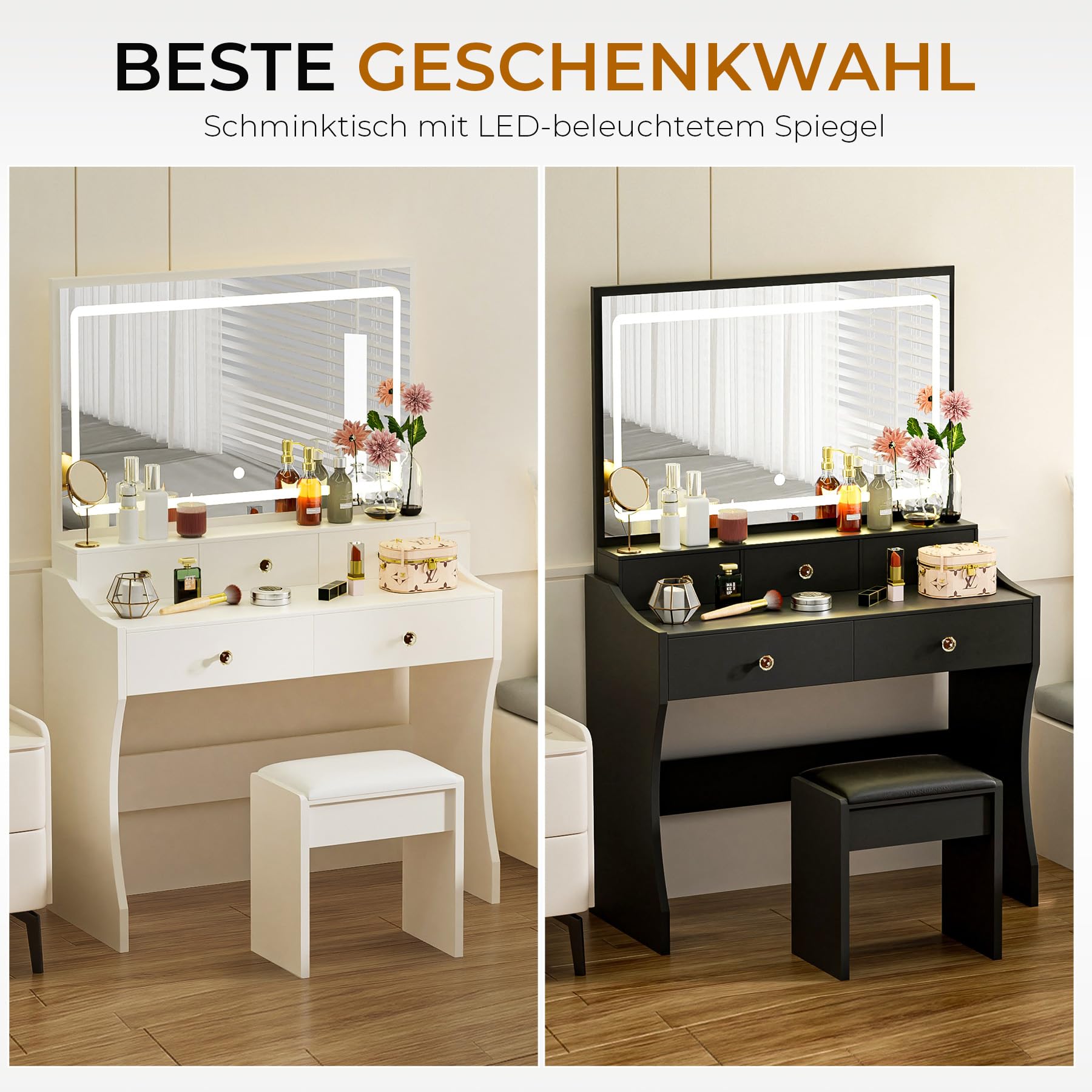 COMHOMA schminktisch, schminktische mit Beleuchtung und 5 Schubladen, schminktisch mit verstellbaren LED-Beleuchtung und Steckdosen, Frisiertisch und Hocker, modern, 40 x 80 x 135 cm, weiß