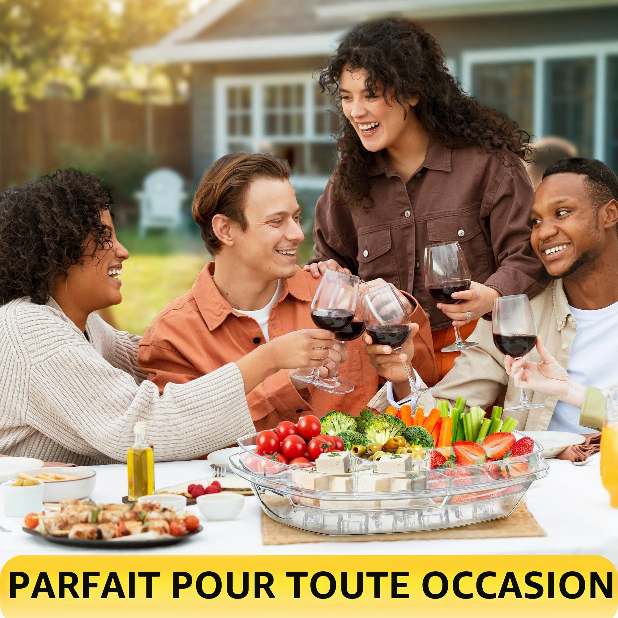 Plateau de service réfrigéré de qualité supérieure pour les fêtes – Plateau de fête glacé glacé de 38,1 cm avec couvercle et support pour trempettes – Plat froid fonctionnel avec 4 compartiments –