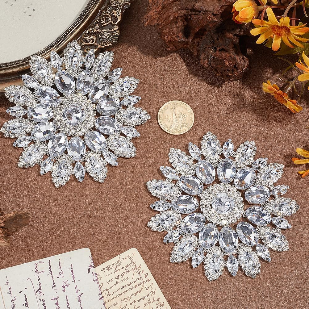 2PCS Rhinestone Flower Silver Applique Crystal Flower Patch Embellishment Sew-on Rhinestone Floral Metal Applique for Wedding Bridal Dress DIY Craft Party Costume Accessories