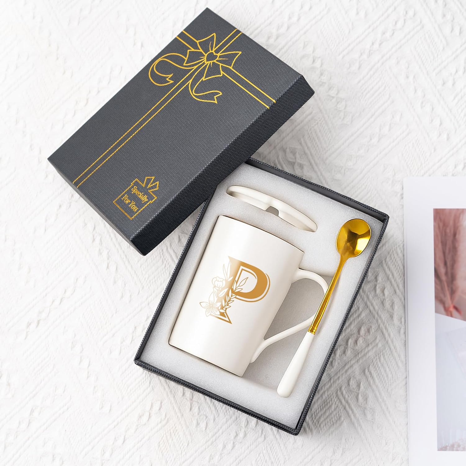 Letter P Personalized Initial Mugs with Flower, Letter P Personalized Coffee Mug, Customized Cool Letters Mugs for Women, Bridal Shower Gifts, Women's Initials Gifts Mug 14 OZ Matte White - Image 7