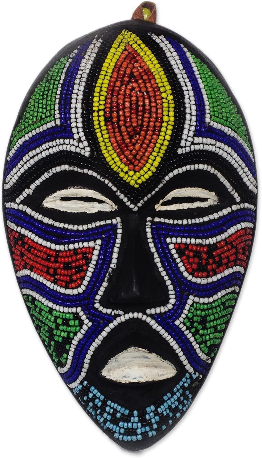 NOVICA Artisan Handmade Recycled Glass Beaded African Wood Mask from Ghana Multicolor Masks Ghanaian Eco Friendly [6.75in H x 3.9in W x 2in D] ' Face of Colors'