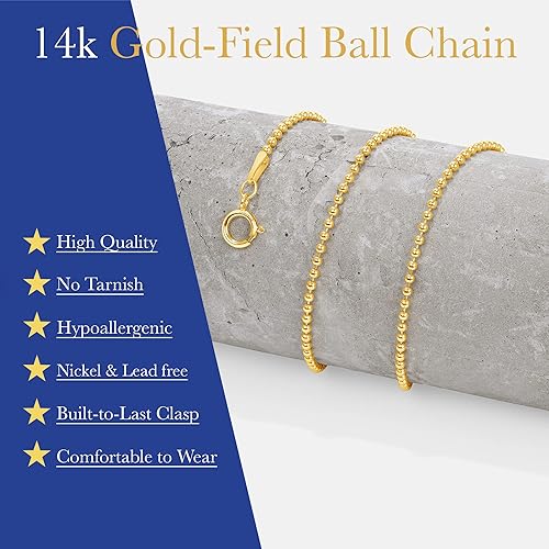 Miniatura 6 de Cadena de cuentas de bola llena de oro de 14 quilates, collar de 0.069 pulgadas, calibre 14, colgante para joyería de 16 a 36 pulgadas