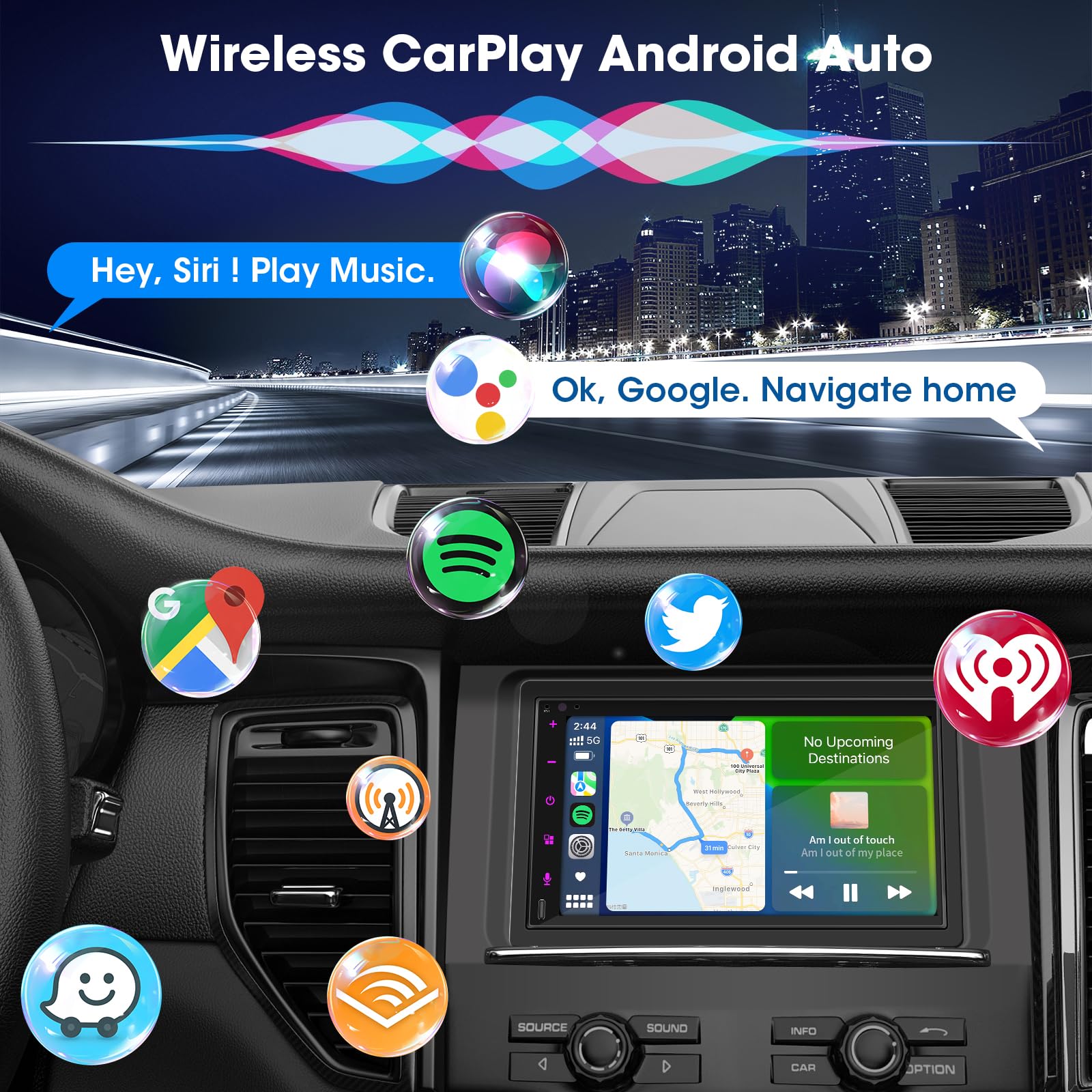 Double Din Wireless CarPlay Stereo: 7 Inch Wireless Android Auto Touchscreen - Bluetooth Car Radio Receiver with Type-C Phone Charge MirrorLink AM FM HD Backup Camera Audio Output 2 Subwoofer Ports