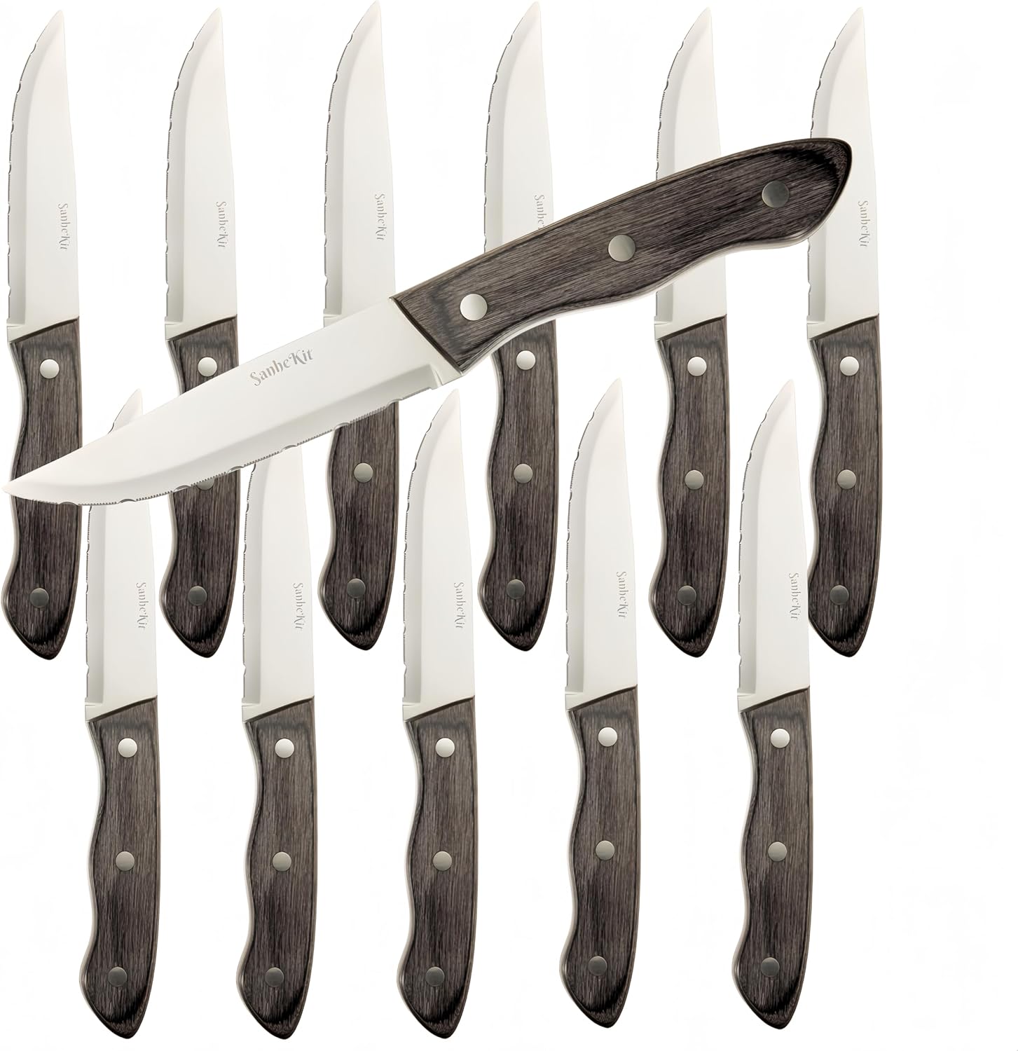 Steak Knives Set, 6/12 Piece Options, High Carbon Stainless Steel, Polishing Wood Handle,Full Tang Design,5.3" Large Size,serrated Meat Knife, Sharp Dinner Knives (12PCS SET)