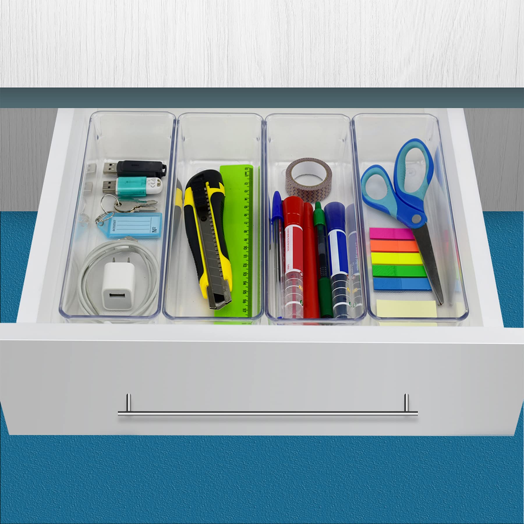 Acrimet Organizador de Cajón Modular, Bandejas de Almacenamiento en Caja para Oficina, Hogar, Maquillaje, Cocina, Cajón de Trastos (4 Piezas) (Plástico Transparente de Cristal)