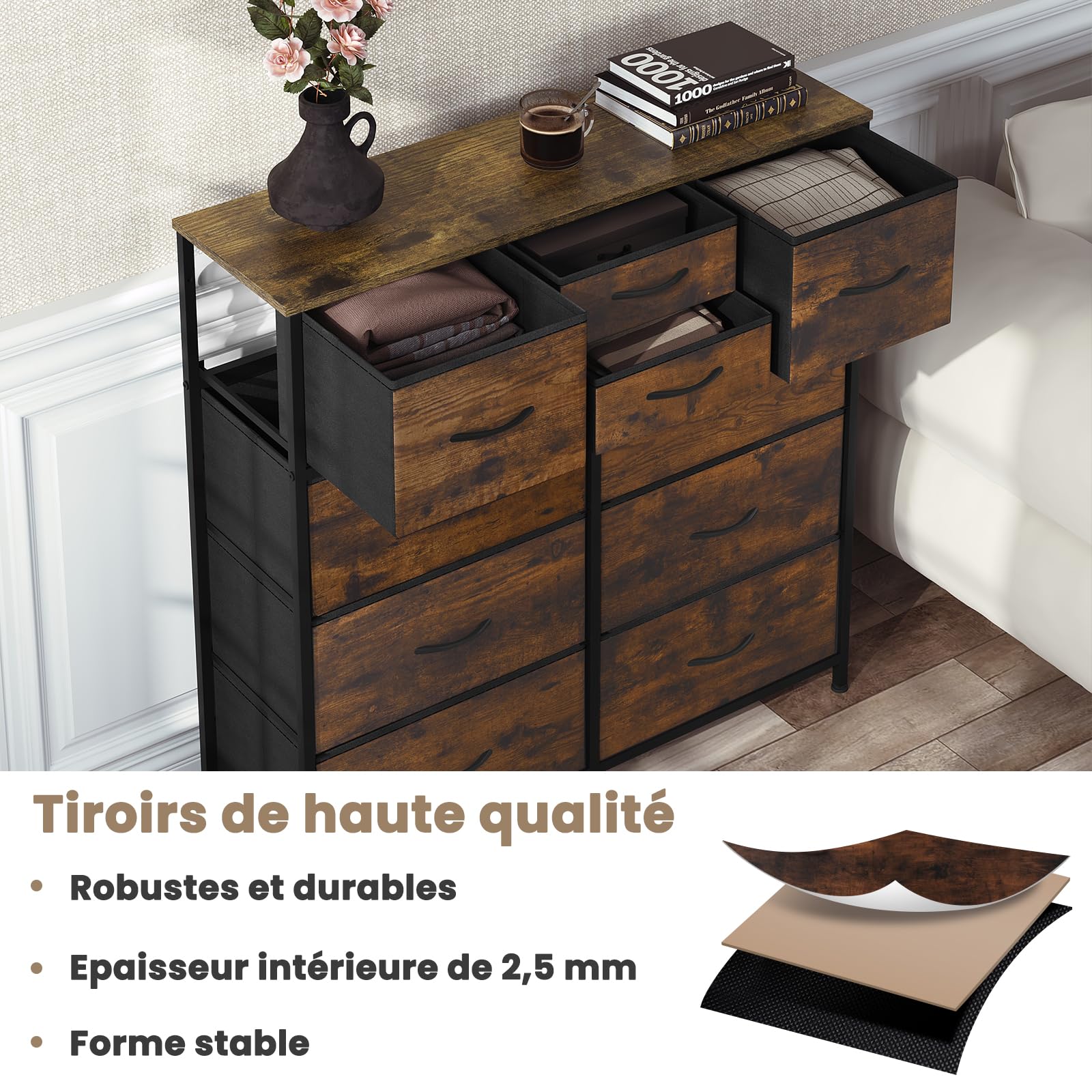 WOLTU Commode, Meuble de Rangement, avec 10 Tiroirs en Tissu, Commode Rangement pour Chambre, Salon, Entrée, Cadre en Métal, Marron Rustique et Noir, SSK009shm