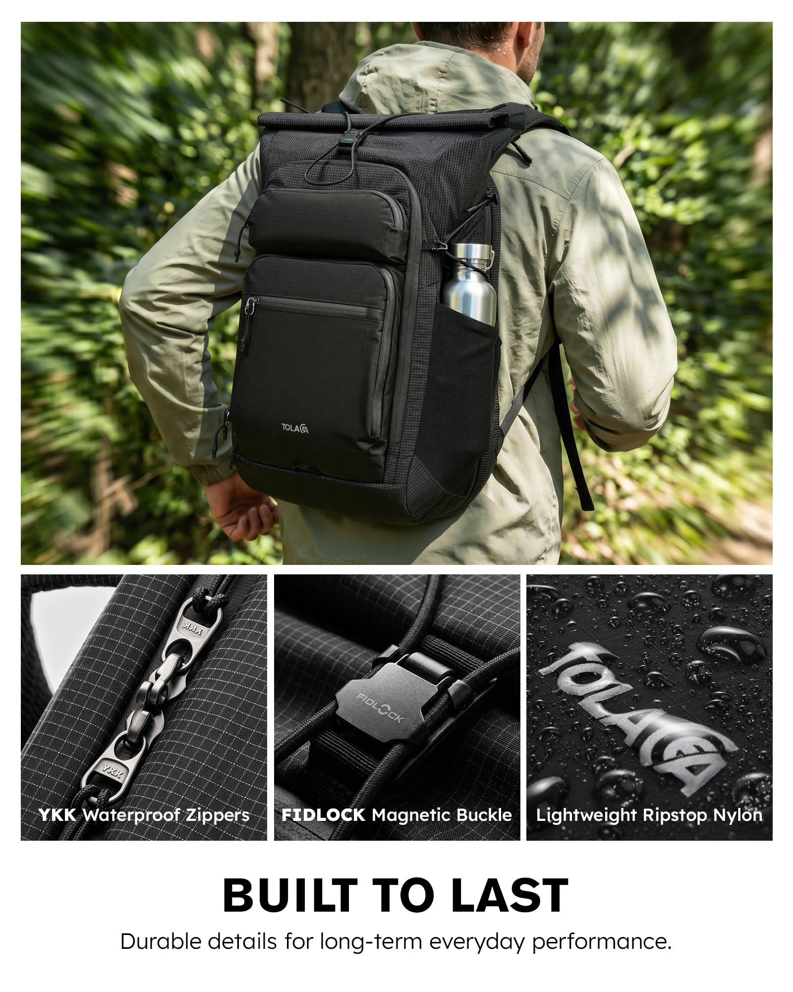 Tolaccea Rolltop Rucksack 32L Reiserucksack Handgepäck Rucksack für 16 zoll | Erweiterbar 32-40L | Leichtes Ripstop-Nylon | 180°-Laptopfach bis 16" mit EVA-Schutz | YKK-Reißverschluss | Magnetverschluss