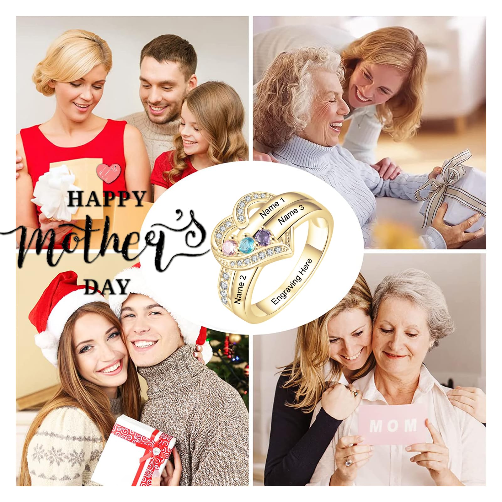 SOULMEET 1–8 Herz-Geburtsstein-Goldringe für Mutter mit gravierten Familiennamen, individuelles Geschenk für Oma, Mutter, Tochter, Ehefrau