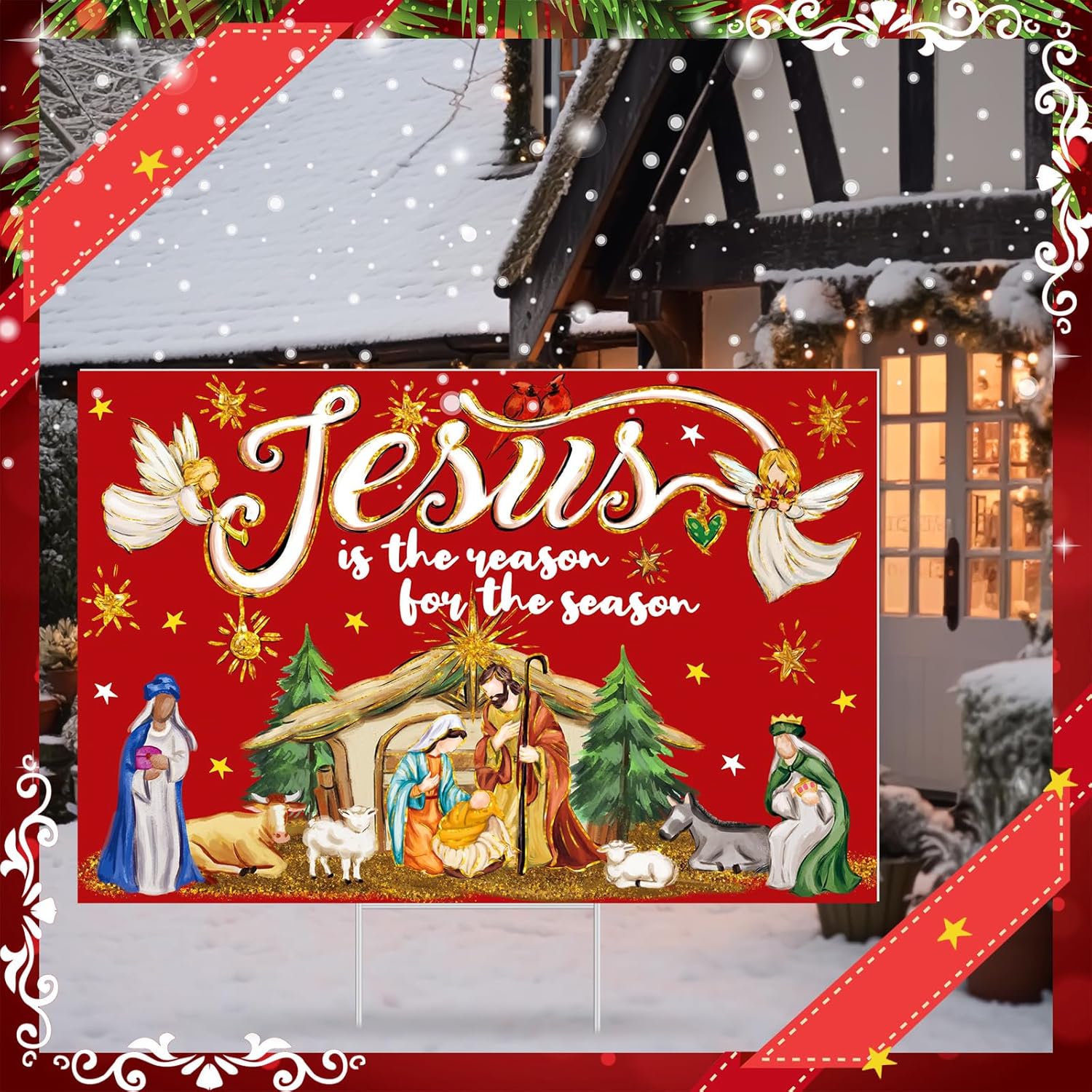 Pickmesh 24 x 16 Inch Jesus Is the Reason for the Season Sign with H Stake Christmas Holy Nativity Yard Sign Outdoor Decorations Religious Lawn Decor for Xmas Holiday Church Party Decoration(Classic)