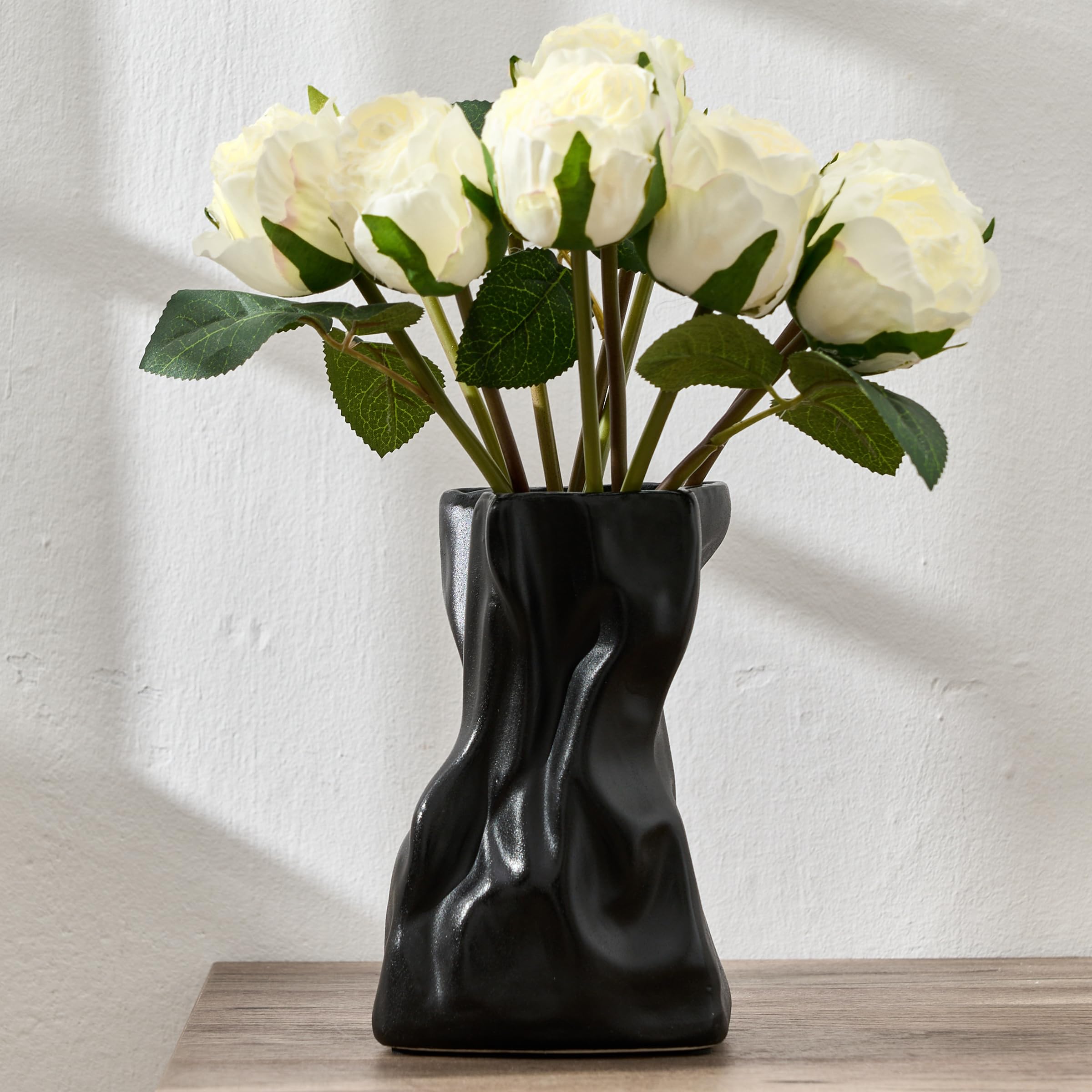 6.38" Metallic Black Ceramic Flower Vase, Elegant Handcrafted Modern Farmhouse Decor, Simple Nordic Style Aesthetic Decorative Flower Vases for Home Decor, Living Room, Bookshelf, Office, Entryway