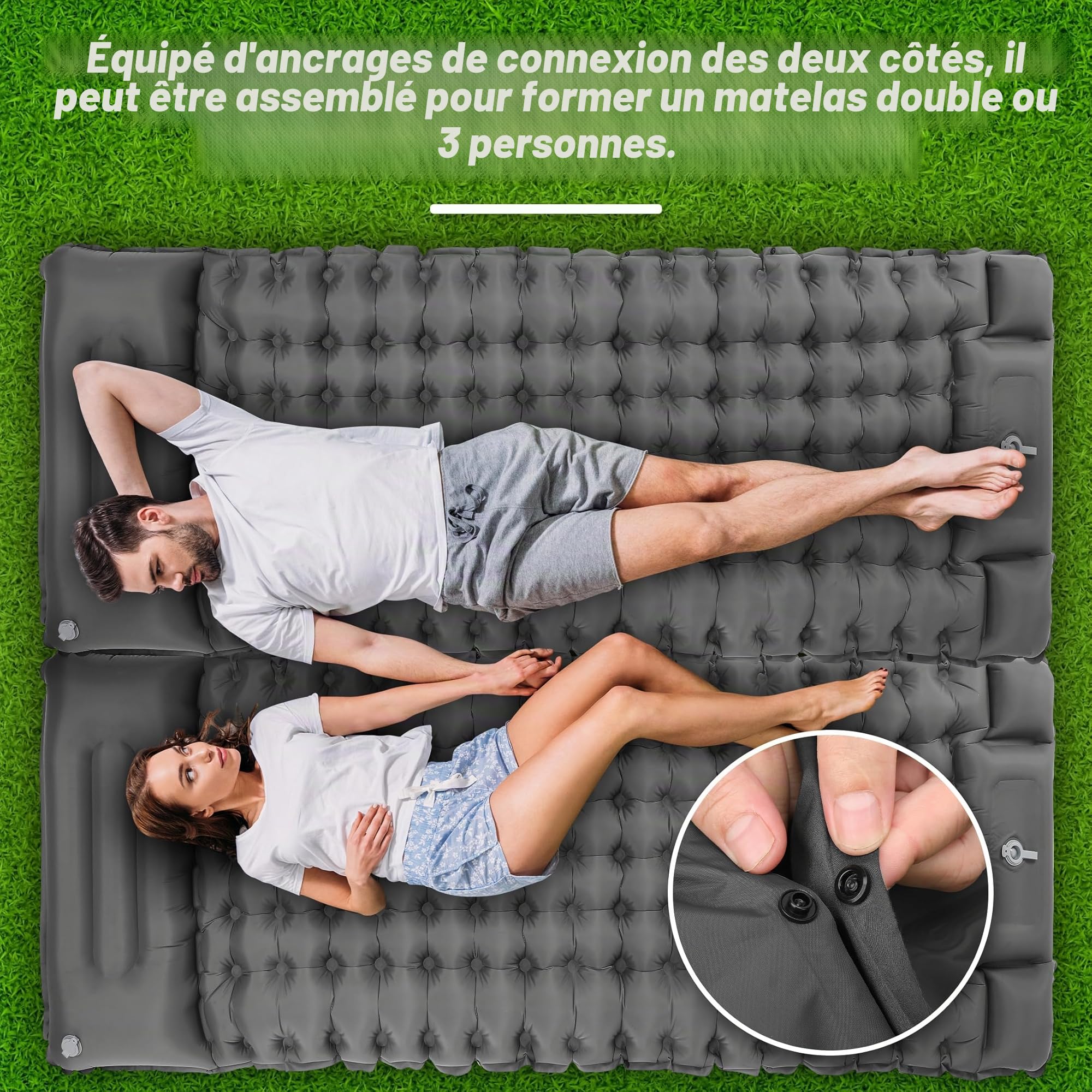 Tapis de Camping Gonflable, Convient pour Le Camping, la Plage, la randonnée, la Pompe à Pied intégrée, Confortable et Facile à Transporter(Couleur Gris)