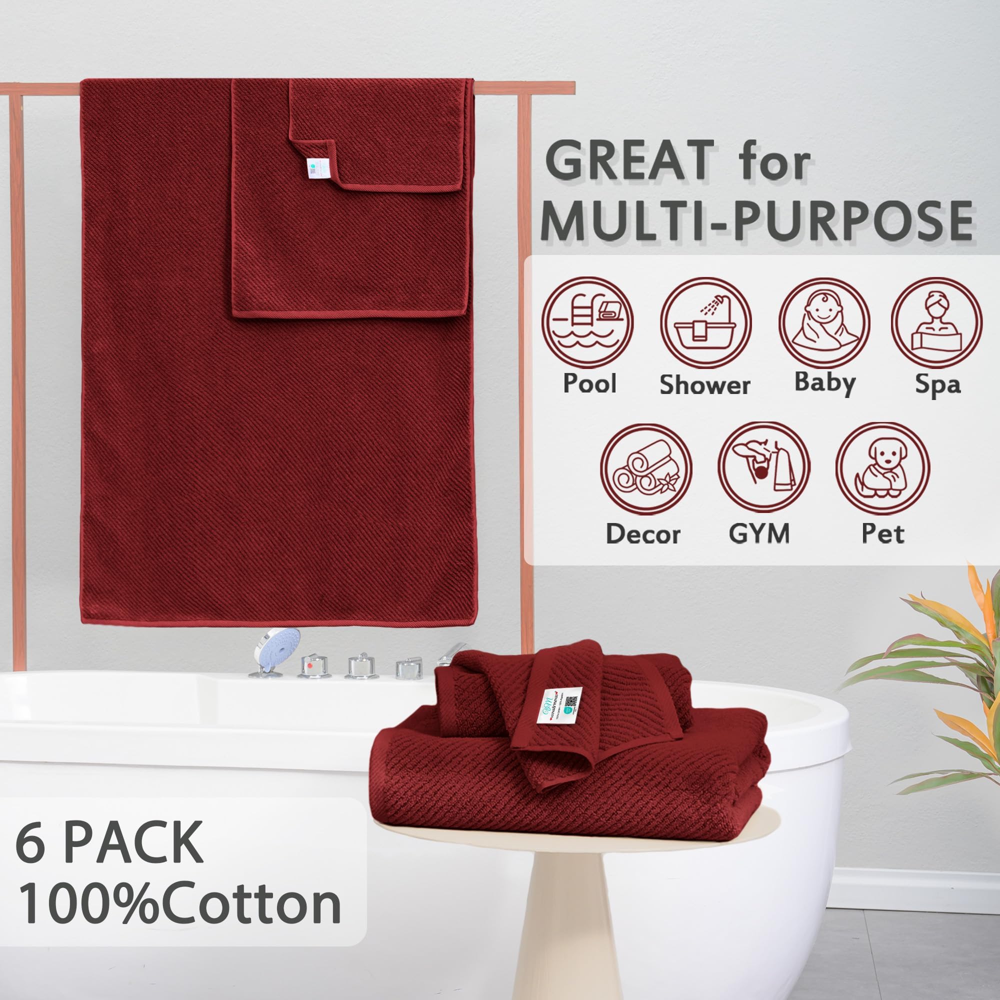 VOOVA & MOVAS Set di asciugamani bordeaux, 100% cotone, leggeri, morbidi, ad asciugatura rapida, set di 6 asciugamani, 2 grandi da bagno 76,2 x 142,2 cm, 2 mani 45,7 x 71,1 cm, 2 asciugamani 33 x 33