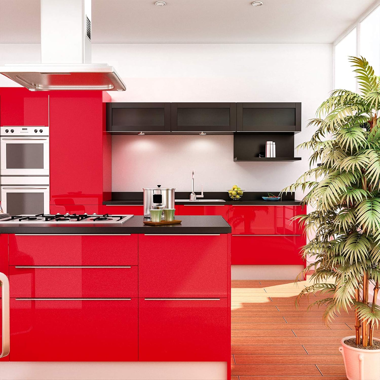 VEELIKE 15.7''x708'' Shiny Red Contact Paper Peel and Stick for Countertops Waterproof Red Wallpaper Decorative Self Adhesive Vinyl for Kitchen Appliances Furniture Shelf Liners Bathroom Bedroom