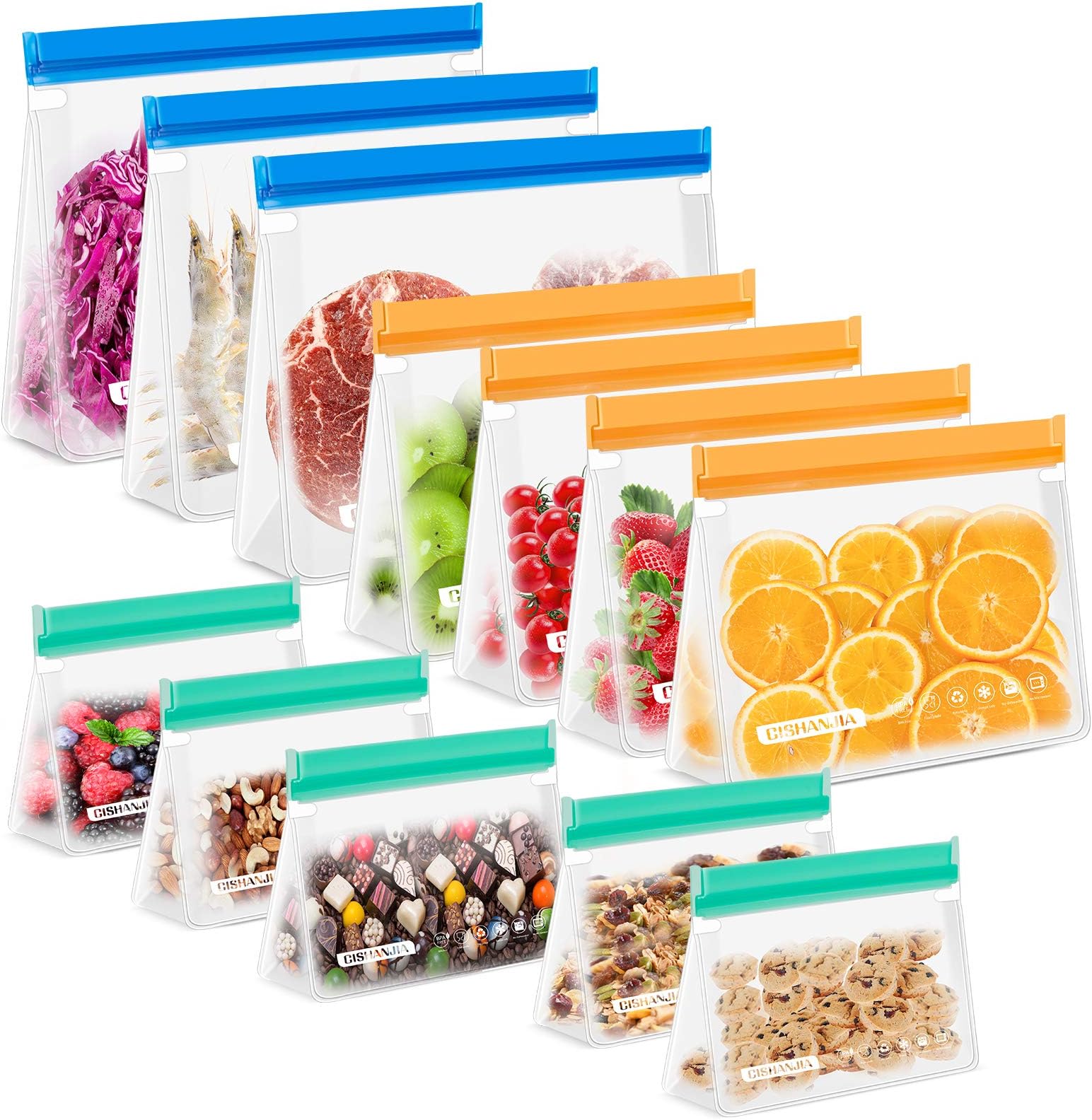 CISHANJIA Reusable Sandwich Bags, 12 pcs of BPA Free Stand-up Reusable Food Storage Bags Ziplock Snack Lunch Bags Freezer Bags Food Bags for Lunch, Travel and Kitchen Organization,3 Size (M L XL)