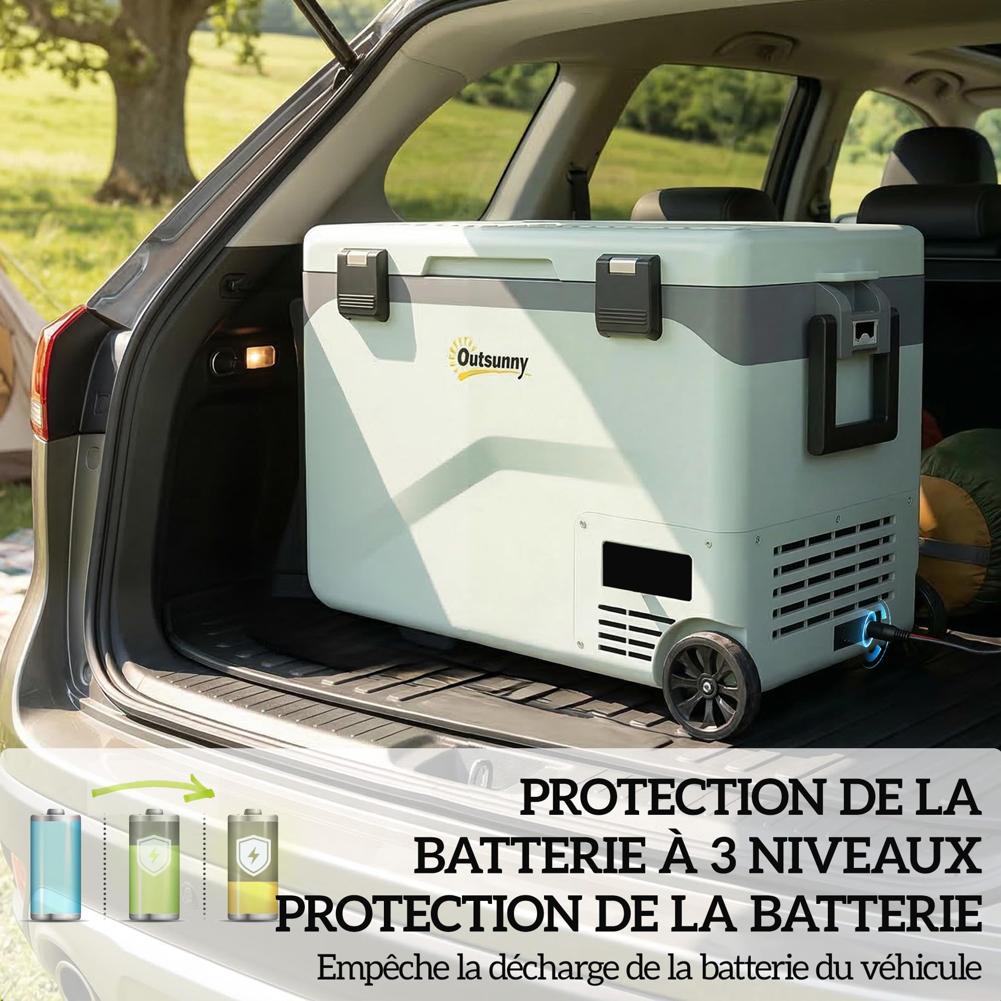 Outsunny Réfrigérateur de Voiture à Compression 42,5 L avec Contrôle via Application, Glacière Électrique Portable avec Roues et Poignée, 12V/240V, -20 °C à 20 °C, Camion, Camping-car, Bateau, Vert