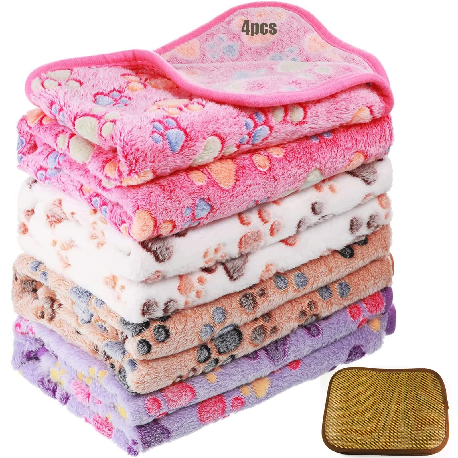 4 Pcs Pet Blanket Dog Puppy Blanket Paw Print Fleece Blanket for Small Medium Large Pet Dog Cat Warm Soft Sleep Mat Guinea Pig Cage Liners Blanket，60 x 40 cm (White, brown, Pink, Purplel)