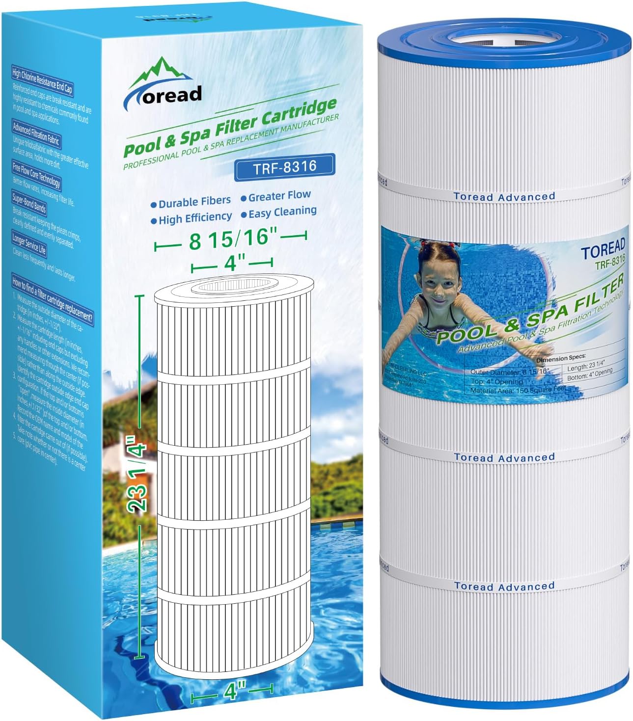 TOREAD Pool Filter Replaces Hayward X-Stream CC1500, CCX1500-RE, Pleatco PXST150, Ultral-B3, Unicel C-8316, Filbur FC-1286, Waterway Pro Clean 150,150 Sq.Ft Filter Cartridge, 1 Pack