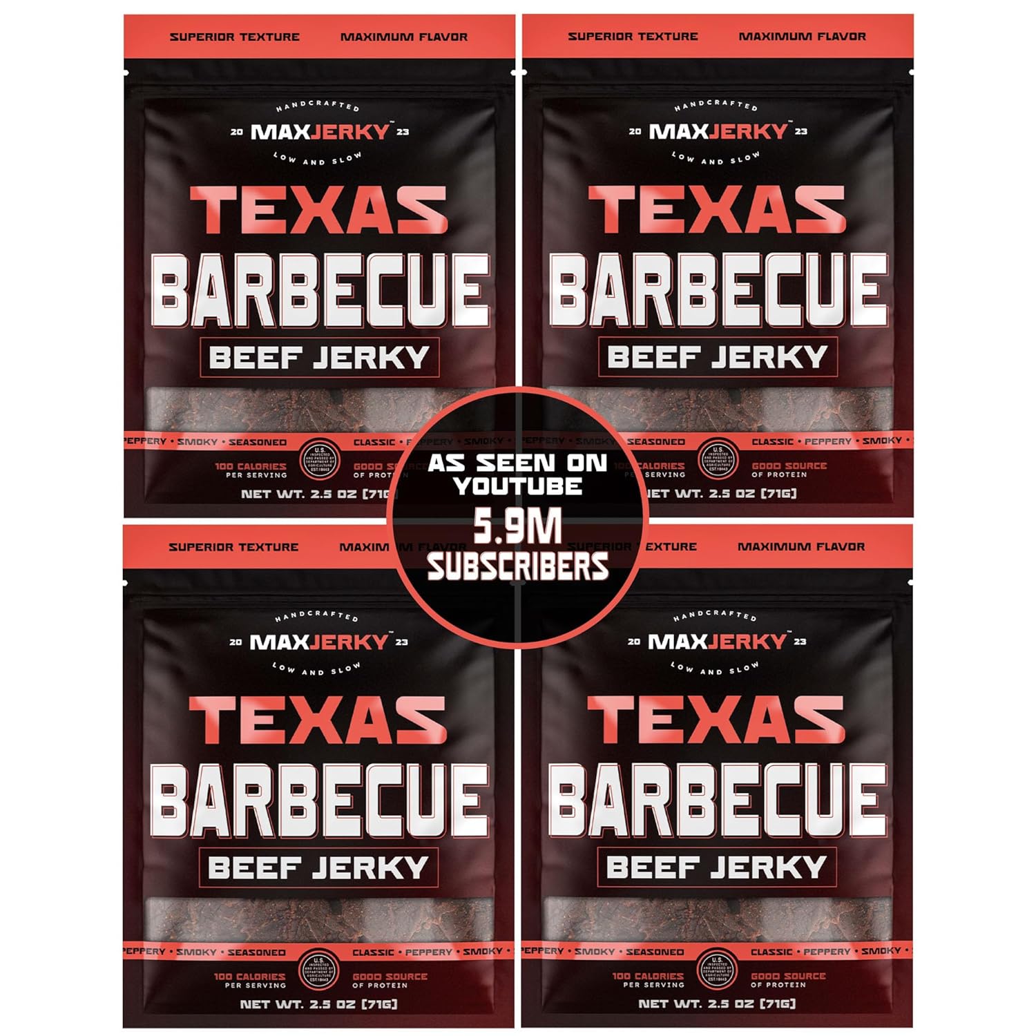 MaxJerky Texas Barbecue Beef Jerky, Smoked Pepper Flavored Jerky, 27.5 Grams of Protein, 2.5 OZ (4 Pack)