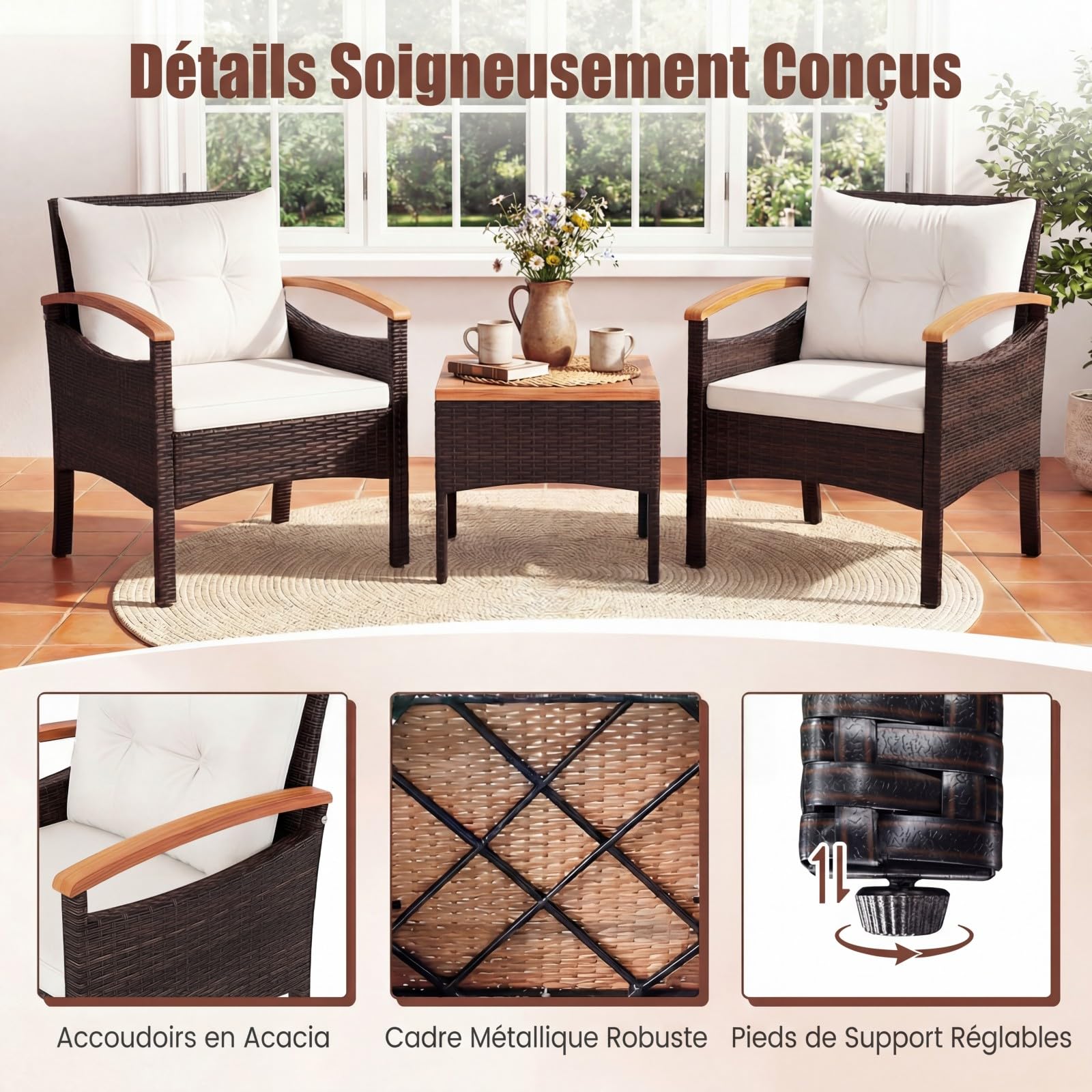 COSTWAY Salon de Jardin Exterieur 3 Pièces en Rotin PE, Ensemble de Meubles 2 Fauteuils Table Basse Plateau en Bois d'Acacia avec Coussin Amovible, pour Jardin Balcon Piscine (Beige)