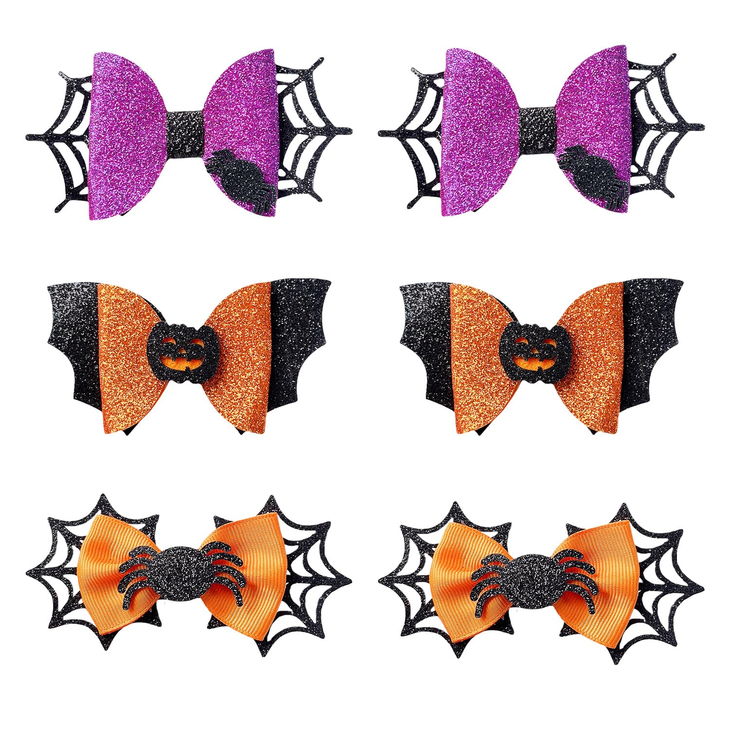 Miaija 6Pieces Halloween Hair Bow Clips Glitter Pumpkin Bat Spider Bow Hair Clip Multicolor Halloween Cosplay Party Girl Decoration for Women Kids Hair Accessories