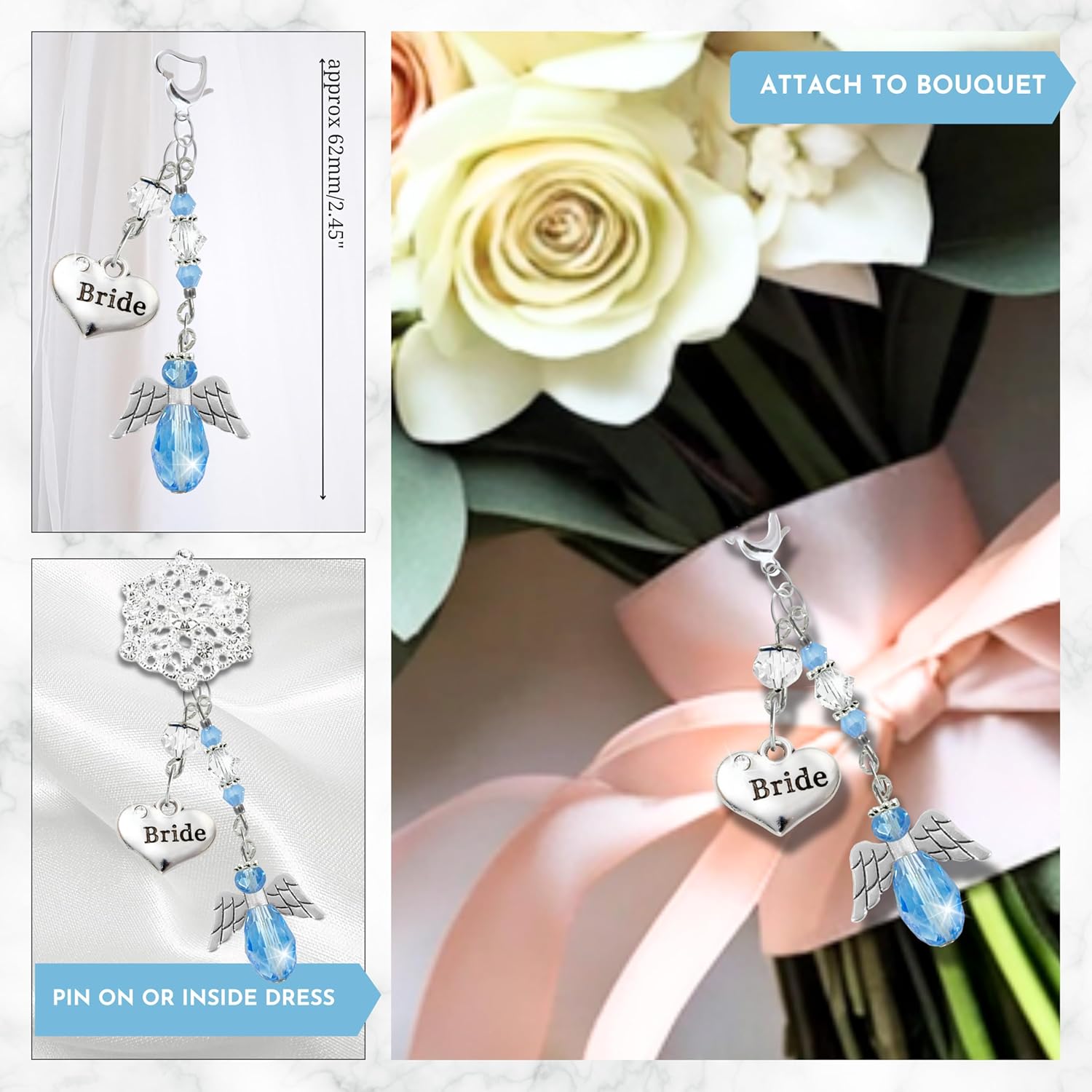 Gutsy Goodness Something Blue Angel Charms Wedding Day Gifts for Bride, Handmade Angelic Rhinestone Silver Finish Teardrop Bouquet Decoration | Jewelry Travel Pouch Message Card Set, Bridal Shower - Image 3