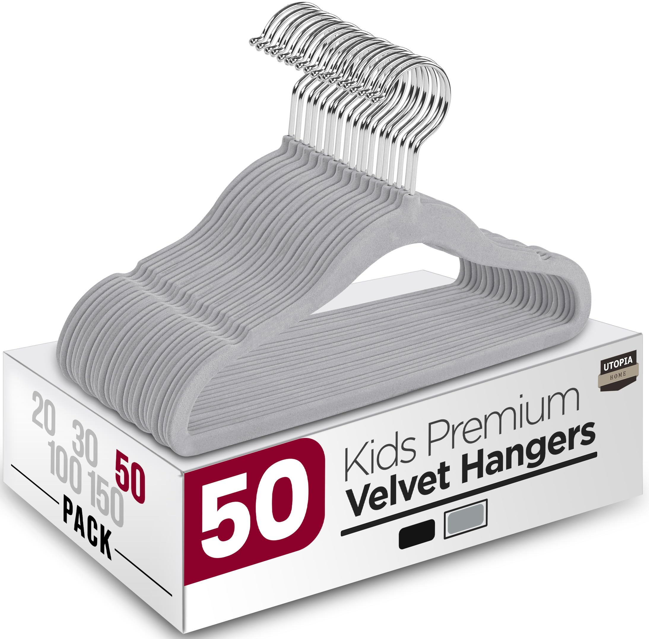 Kids Velvet Hangers 50 Pack – 11 Inch Non-Slip Baby Hangers for Baby and Toddlers, Durable Ultra-Slim Space-Saving Closet Organizers (Grey)