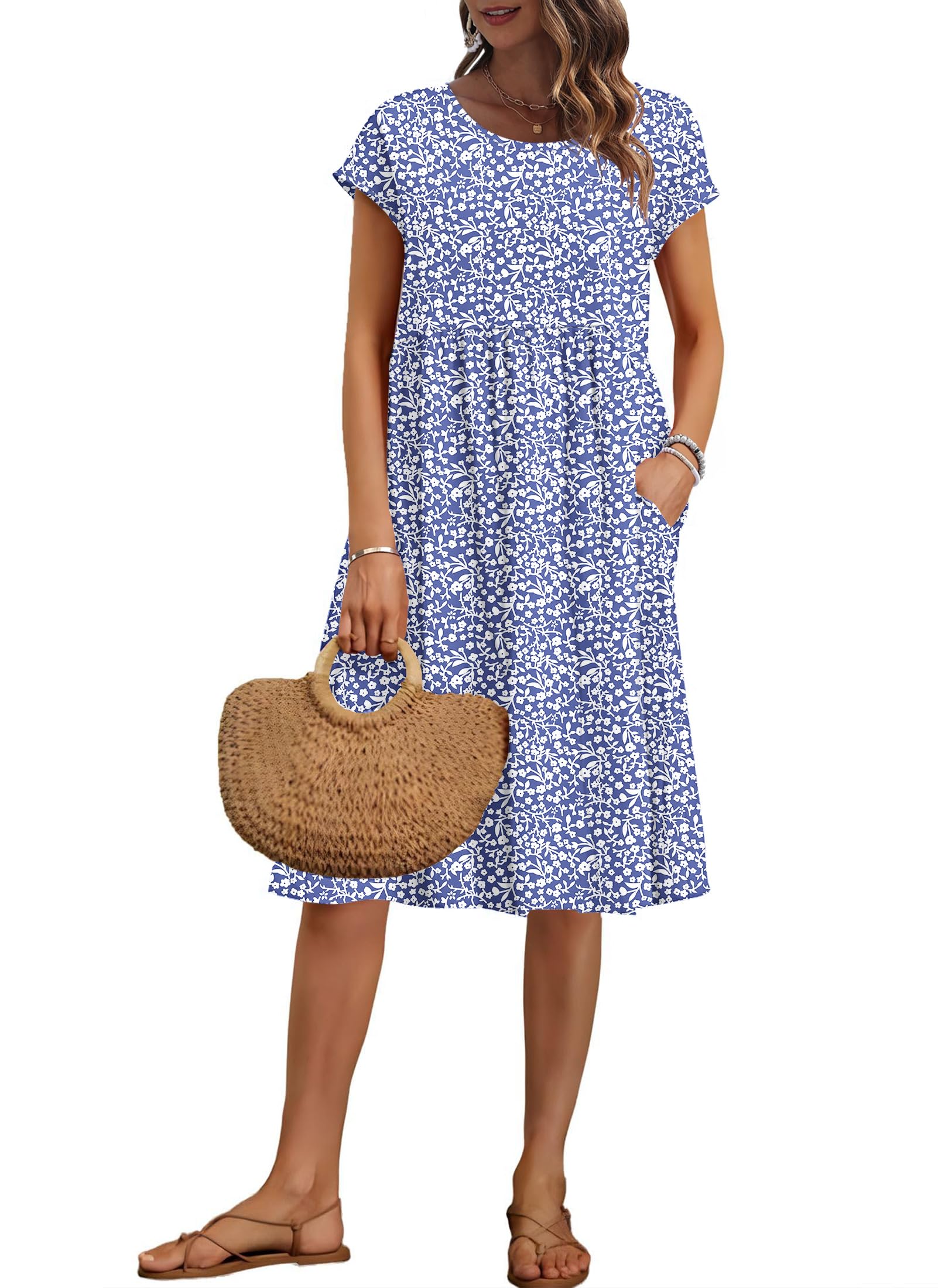 Auselily Women's Blue Flower Summer Short Sleeve Knee-Length Dresses Round Neck Loose Dress With Pockets 3XL