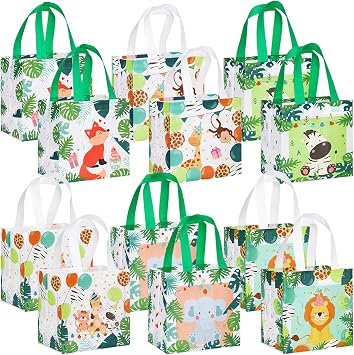Silkfly 18 Pcs Safari Goodie Bags with Handles, Jungle Animal Non Woven Party Favor Bag Reusable Gift Bag Candy Treat Bags for Birthday Baby Shower Zoo Theme Party Favors