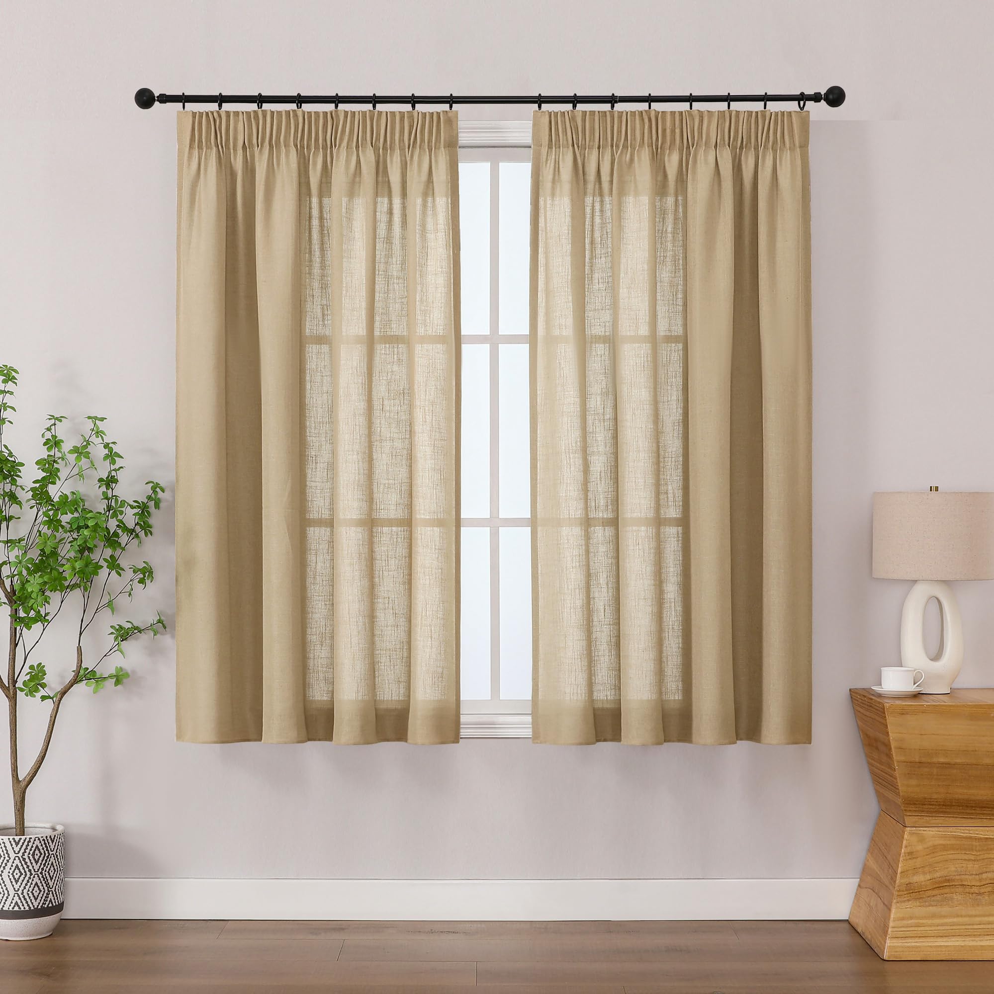 Simplebrand Linen Color Linen Blend Pencil Pleat Curtains, Light Filtering Semi-Sheer Textured Window Drapes for Privacy, 2 Panels for Kitchen, Bathroom Window & RV Camper, W140 x L122 cm — image 1