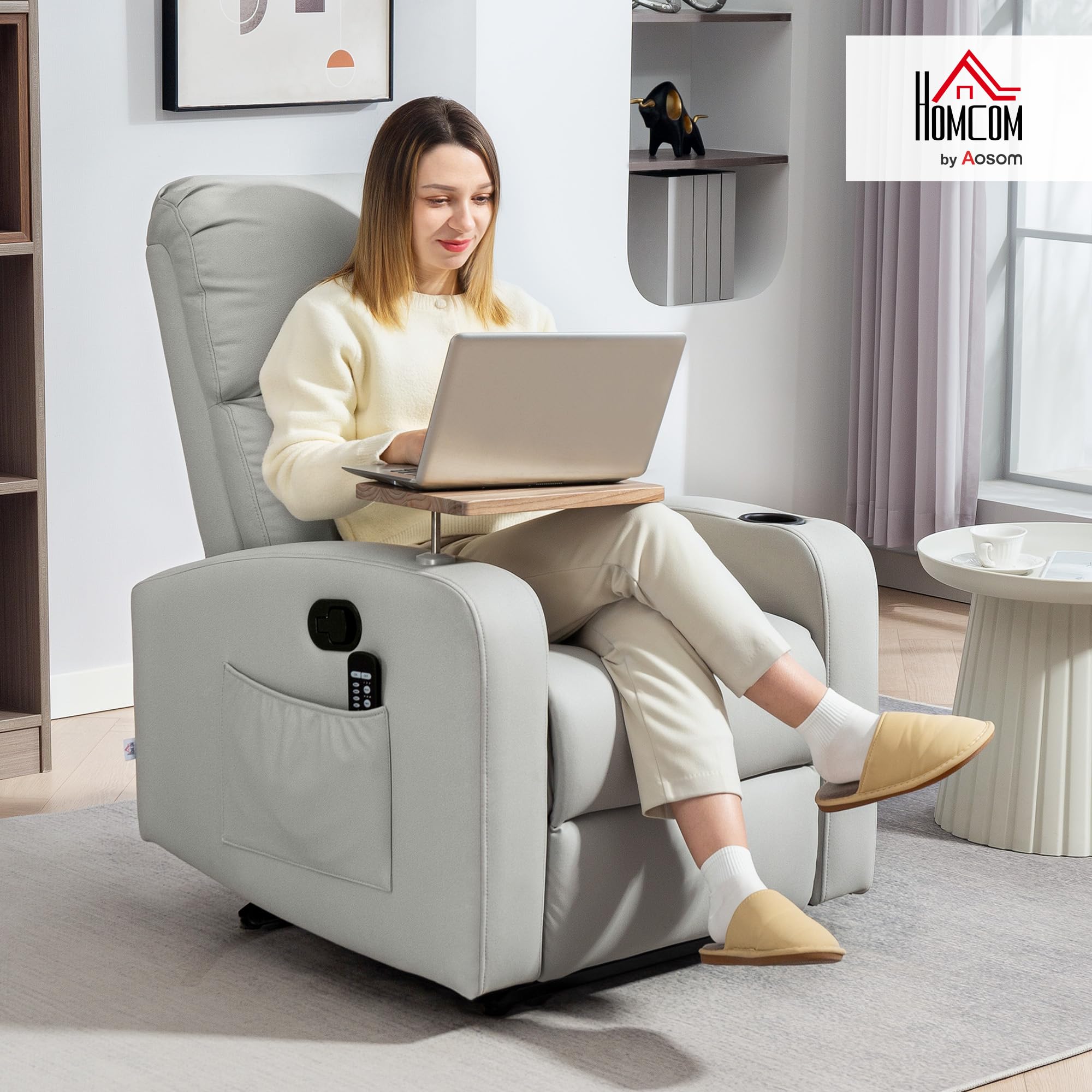HOMCOM Sillón de Masaje con 8 Puntos de Masaje Sillón Relax Eléctrico Sofá Relax con 4 Modos Reclinación 145° Mando a Distancia Mesita 2 Bolsillos Laterales y Posavasos 77x93x105 cm Gris Claro