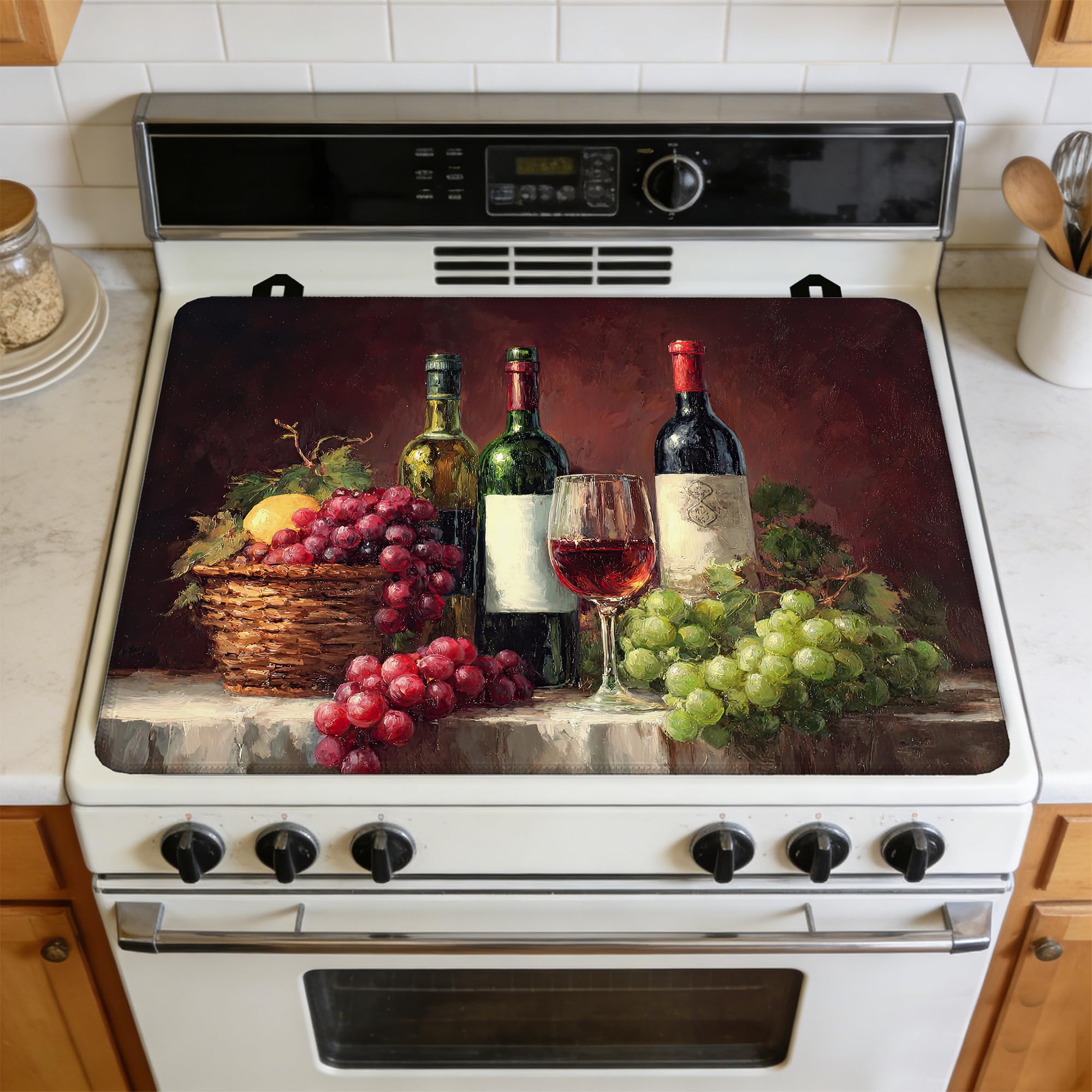 Multi-Design Silicone Stove Cover for Glass/Electric Stoves - 3-in-1 Heat-Resistant Protector Mat, Non-Slip Drying Rack (Grapes Wine Bottle, 28" L x 20" W)