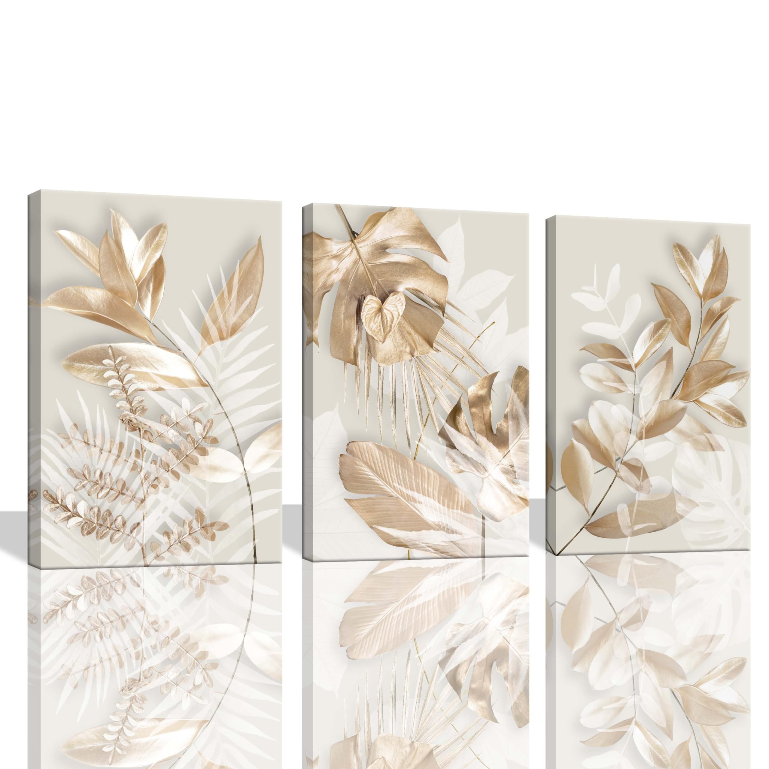 Large Picture for Living Room 3 Pieces Modern Gold Flowers and Leaves Canvas Wall Pictures White and Gold Wall Art for Bedroom Decor Elegant Living