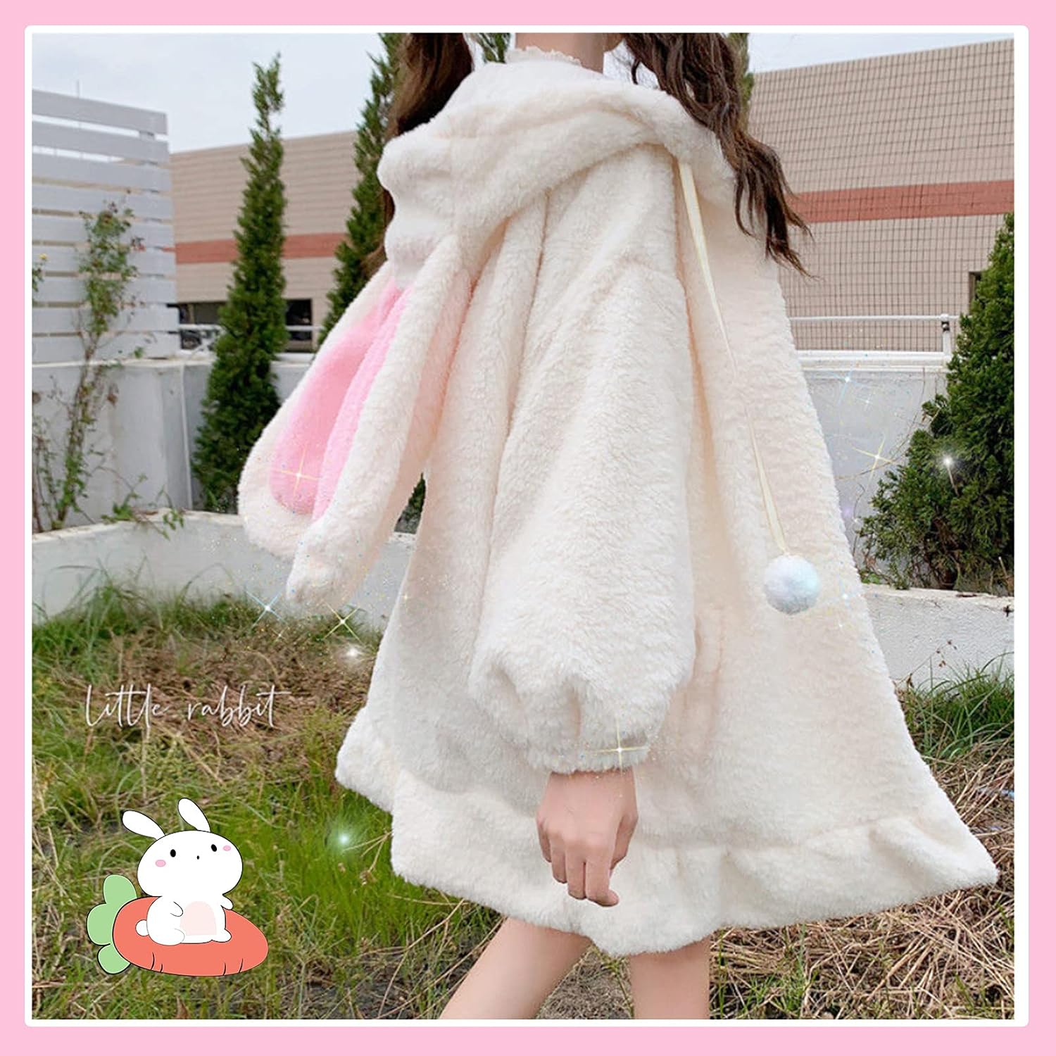 Women Kawaii Bunny Ear Sweatshirt Hoodie Lolita Long Sleeve Cute Fluffy Fleece Coat Jackets