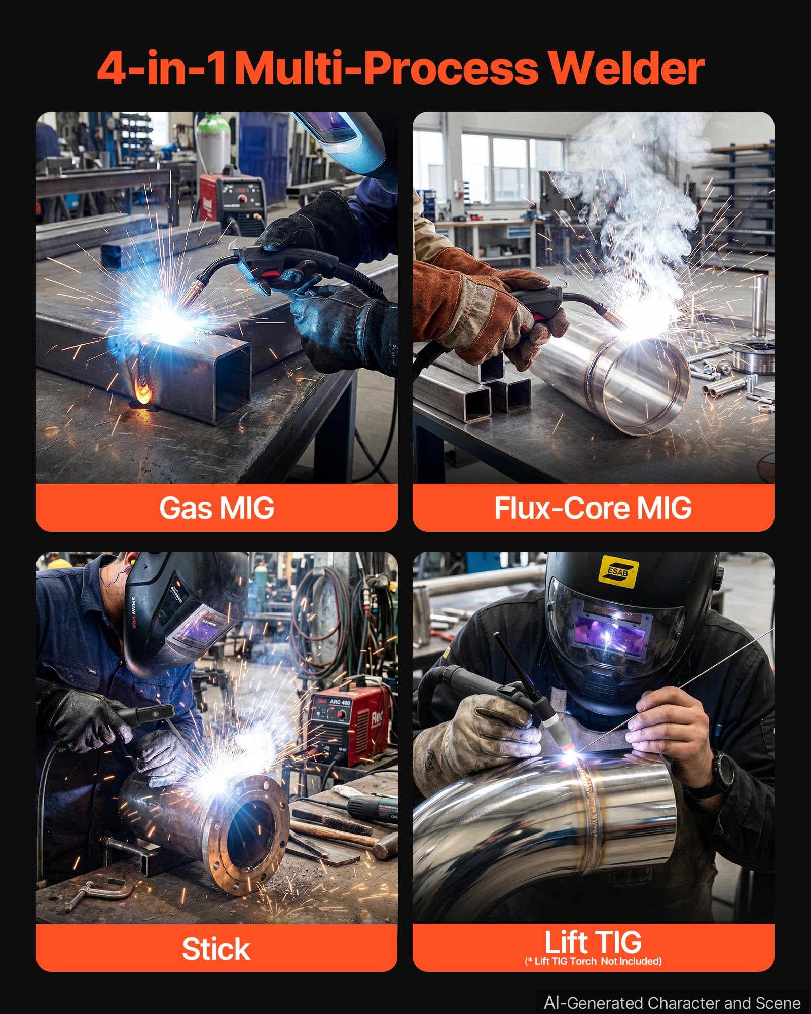 VEVOR Saldatrice MIG 145A 4 in 1, MIG a Gas/MIG a Filo Animato/Lift TIG/MMA