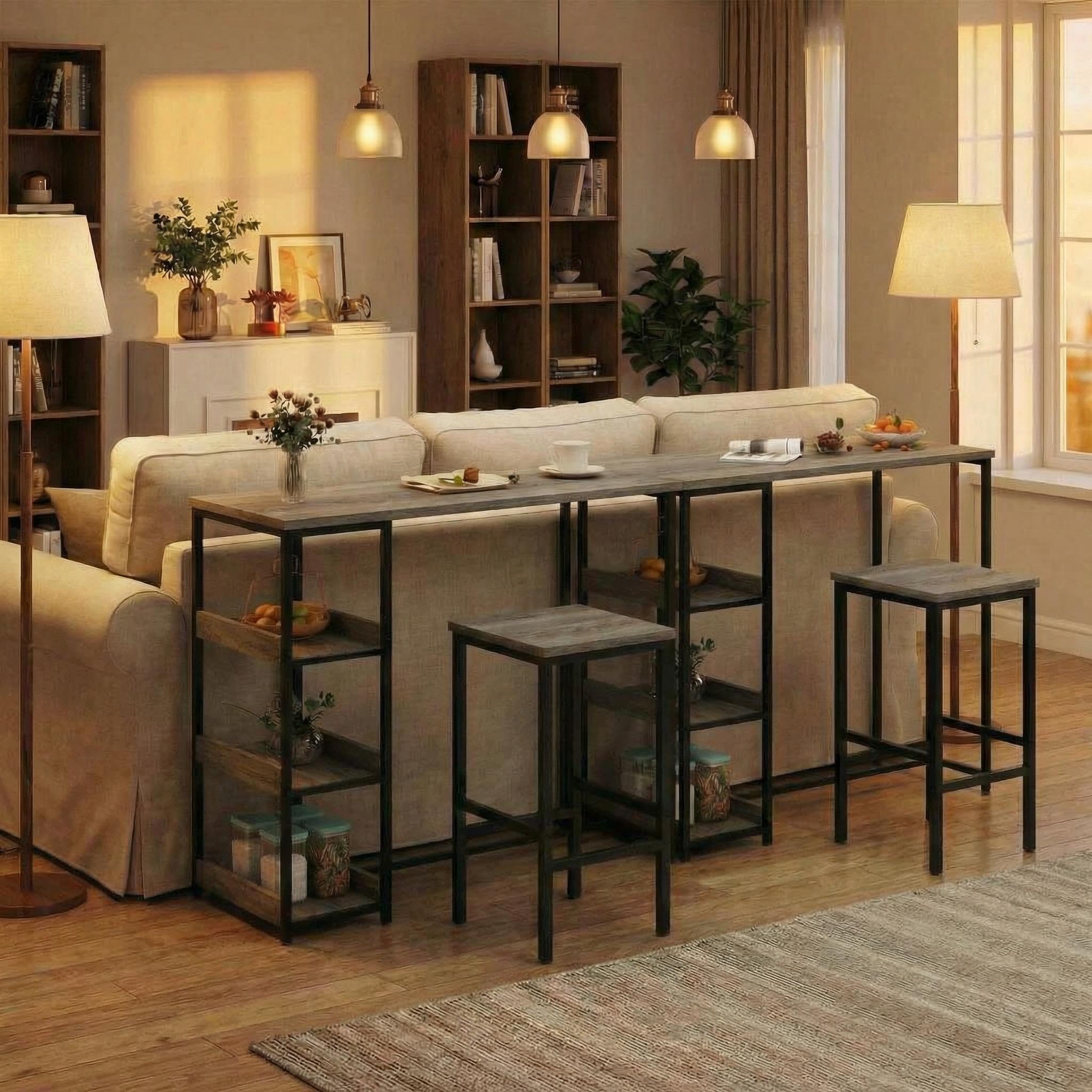 Garvee Bar Tisch Und Stühle Set, Rechteckiger Pub Tisch Mit 2 Hockern Für Kleinen Platz, High Top Tisch, 3-Teilige Frühstück Hocker Set, Robuster Metallrahmen, Einfach Zu Montieren,Grau