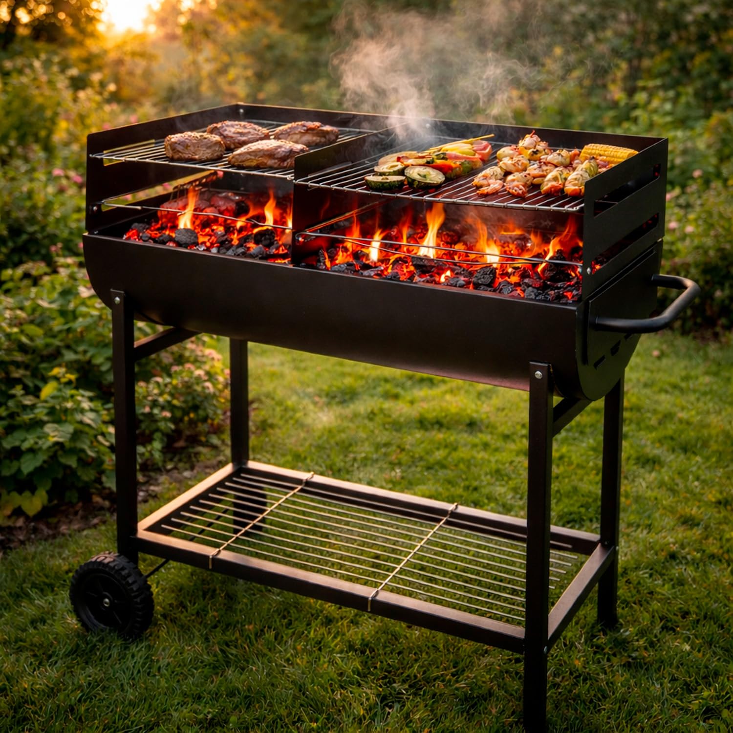 BRICOZONE Barbecue a Carbone con 2 Griglie Regolabili BBQ in Acciaio Resistente con Ruote e Ripiano Portaoggetti Ideale per Giardino Terrazzo e Grigliate all'Aperto 90 x 45 x 96 cm Nero