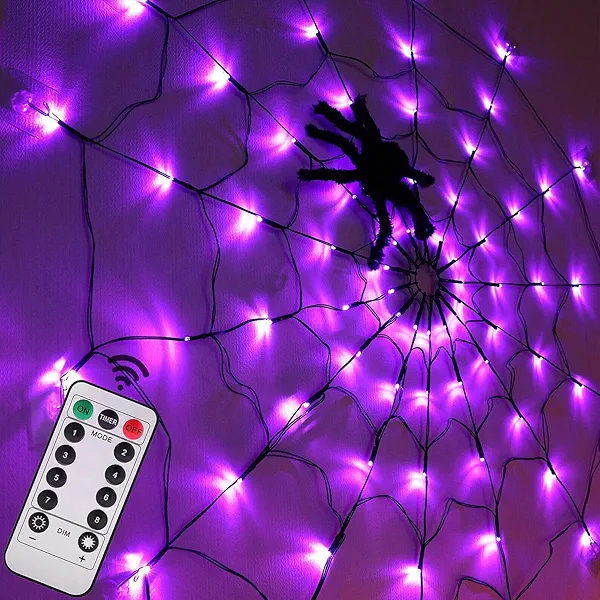 Halloween Decorations Spider Web Lights - 4FT Diameter 70 LEDs with Black Spider, Waterproof Net Lights, Remote Control, 8 Modes Cobweb Halloween Decorations for House Garden Indoor Outdoor (Purple)